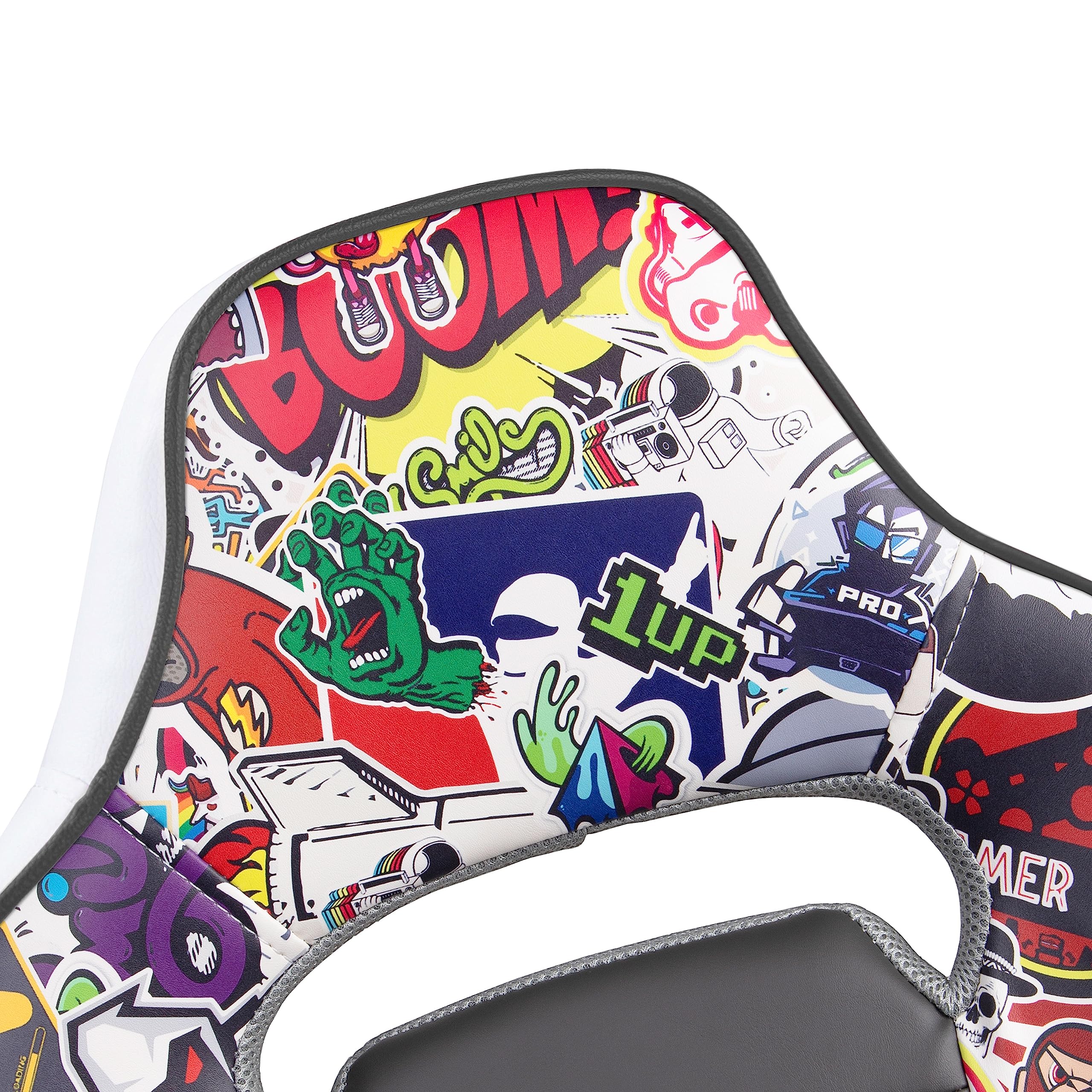 duehome | DRW Sticker, Silla Gamer, Silla de Oficina Gaming Estudio o Escritorio, Acabado en Símil Piel Blanco, Gris y Sticker, Medidas: 46,5 cm (Ancho) x 46 cm (Largo) x 98-109,5 cm (Alto)