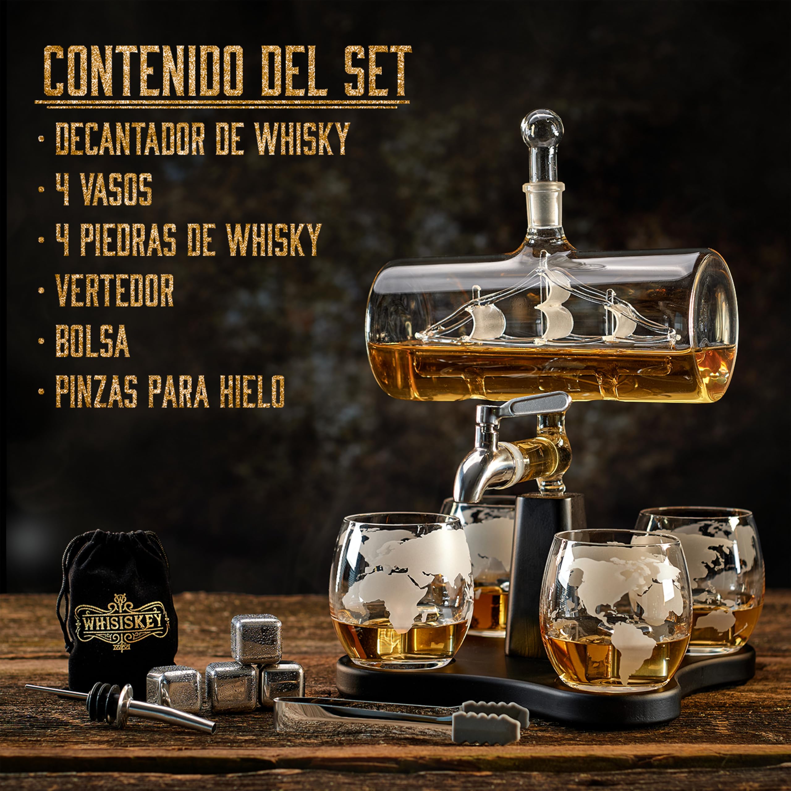 WHISISKEY Decantador de Whisky - Jarra de whisky - Decantador 1100ml - Set de Regalo de Whisky - Regalos Originales para Hombres - 4 Vasos de Whiskey x 285ML, 4 Piedras de Whisky, Accesorios