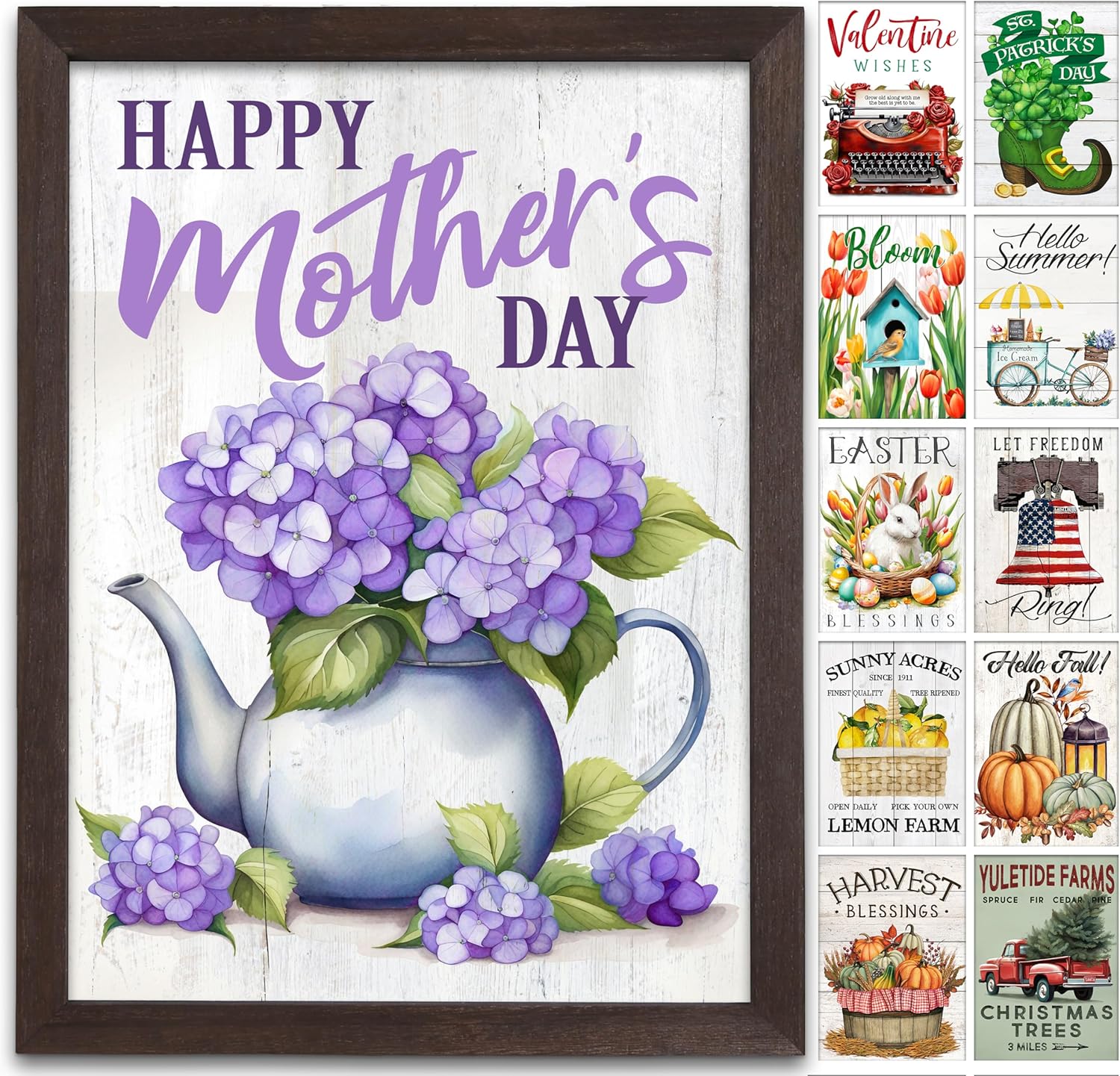 Farmhouse Wall Decor for your Home - 12x16 Rustic Wood Frame with 14 Interchangeable Sayings for the 4 Seasons, Christmas, Easter, Thanksgiving & July 4