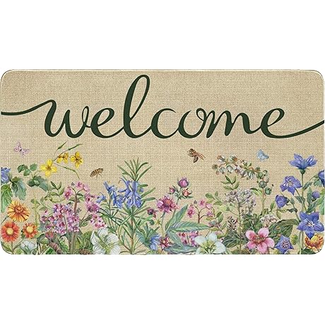 Welcome Floral Decor Doormat, Home Spring Summer Flower Front Door Mats, Indoor...