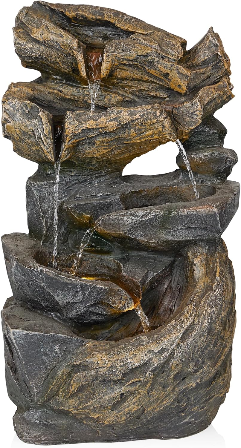 Alpine Corporation ZDQ104 Cascading Rock Fountain with Warm White LED Lights, Classic Tabletop Waterfall Décor, 24" H