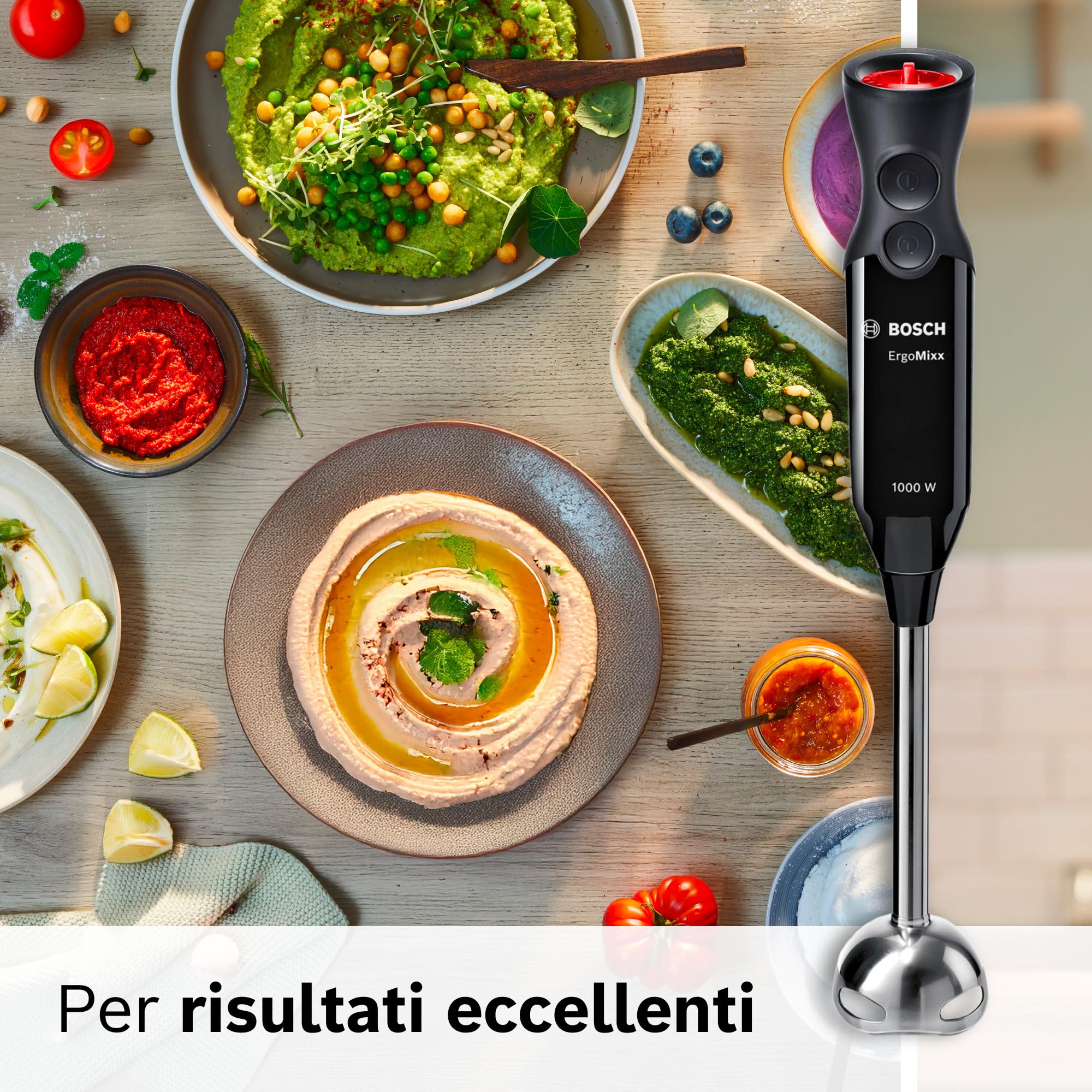 Bosch Frullatore a Immersione MS61B6150, 1000 W, Impugnatura Ergonomica, Lama a 4 ali Acciaio Inox,12 Velocità e Funzione Turbo, Accessorio Tritatutto e Frusta, Bicchiere Graduato, Nero