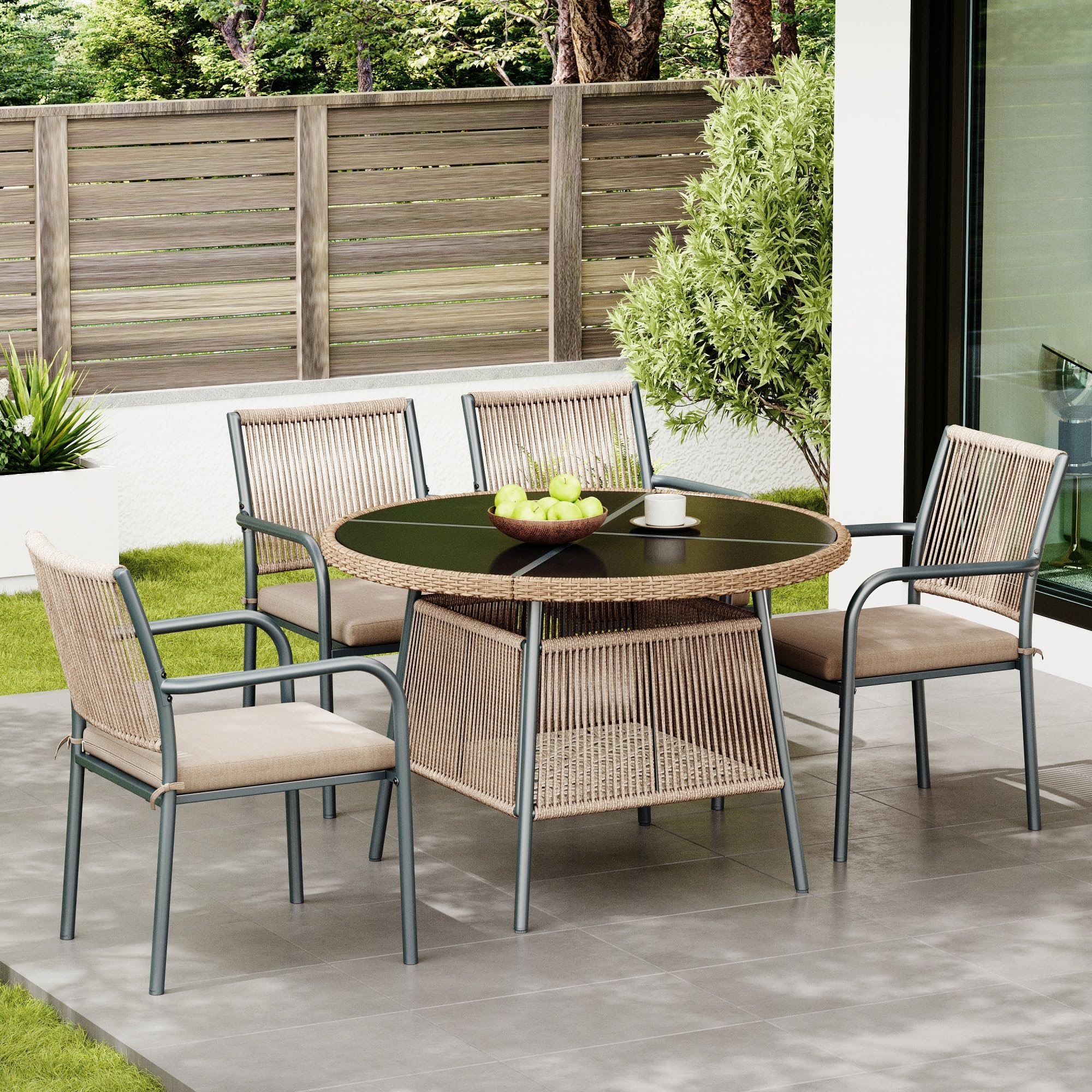 Conjunto Mesa y Sillas Jardín Ratán PE 5 Piezas, Conjunto Jardin Exterior con 1 Mesa de Comedor Redonda y 4 Sillones, Mesa y Sillas Terraza Exterior con Cojines, Marco Metálico, Gris
