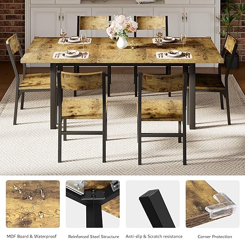 Miniatura 6 de iPormis Juego de mesa de comedor y sillas de 7 piezas para 4-6, mesa de cocina extensible de 63 pulgadas con 6 sillas, mesa de comedor con tablero