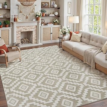 PureCozy Large Living Room Area Rug, 200x300cm Machine Washable Non Slip Fluffy Modern Rugs for Bedroom Dining Room Office, Non Shedding Short Pile Carpet for Indoor Home Decor Beige & White