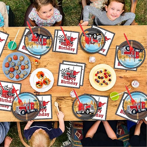 Miniatura 6 de gisgfim 96 piezas de suministros para fiestas de camiones semirremolque, platos de papel, servilletas con tema de tractor remolque, decoraciones de