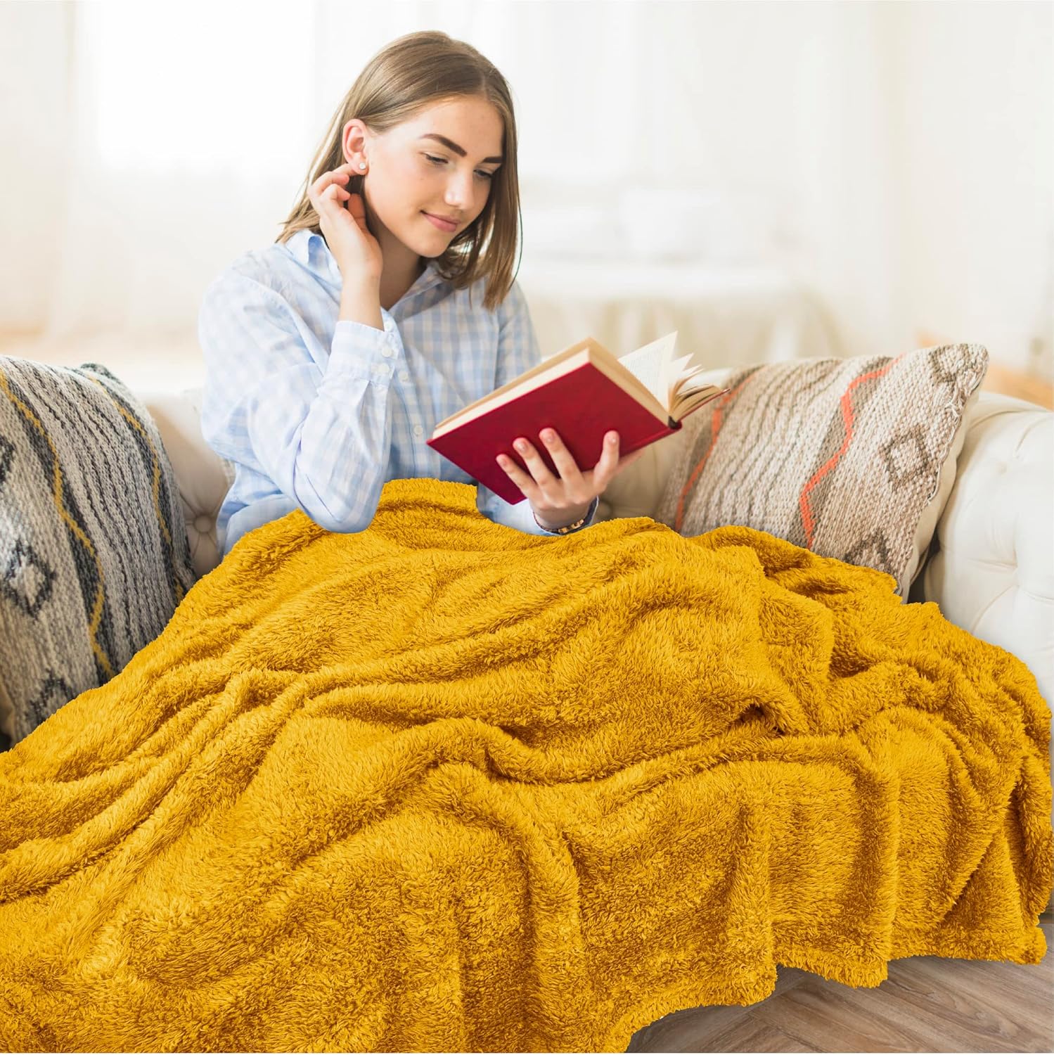 PAVILIA Sherpa Throw Blanket for Couch Sofa, Mustard Yellow Fluffy Warm Plush Blanket for Bed, Cozy Super Soft Lightweight Throw, Fuzzy Decorative Blanket, All Season Home, 50x60 - Image 9