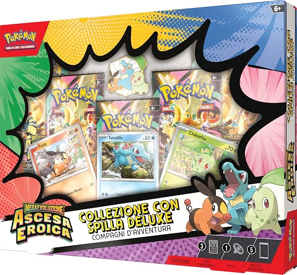 Pokémon: collezione con spilla deluxe Compagni d’avventura dell’espansione Megaevoluzione - Ascesa Eroica del GCC Pokémon (3 carte promozionali olografiche, 1 spilla deluxe e 5 buste di espansione) - 4