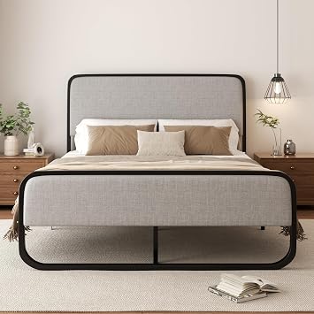 Sismplly Queen Size Upholstered Bed Frame with Curved Headboard and Footboard, Heavy Duty Metal Slats, 12.4 Inch Under-Bed Storage, No Box Spring Required, Easy Assembly, Linen Fabric in Light Gray