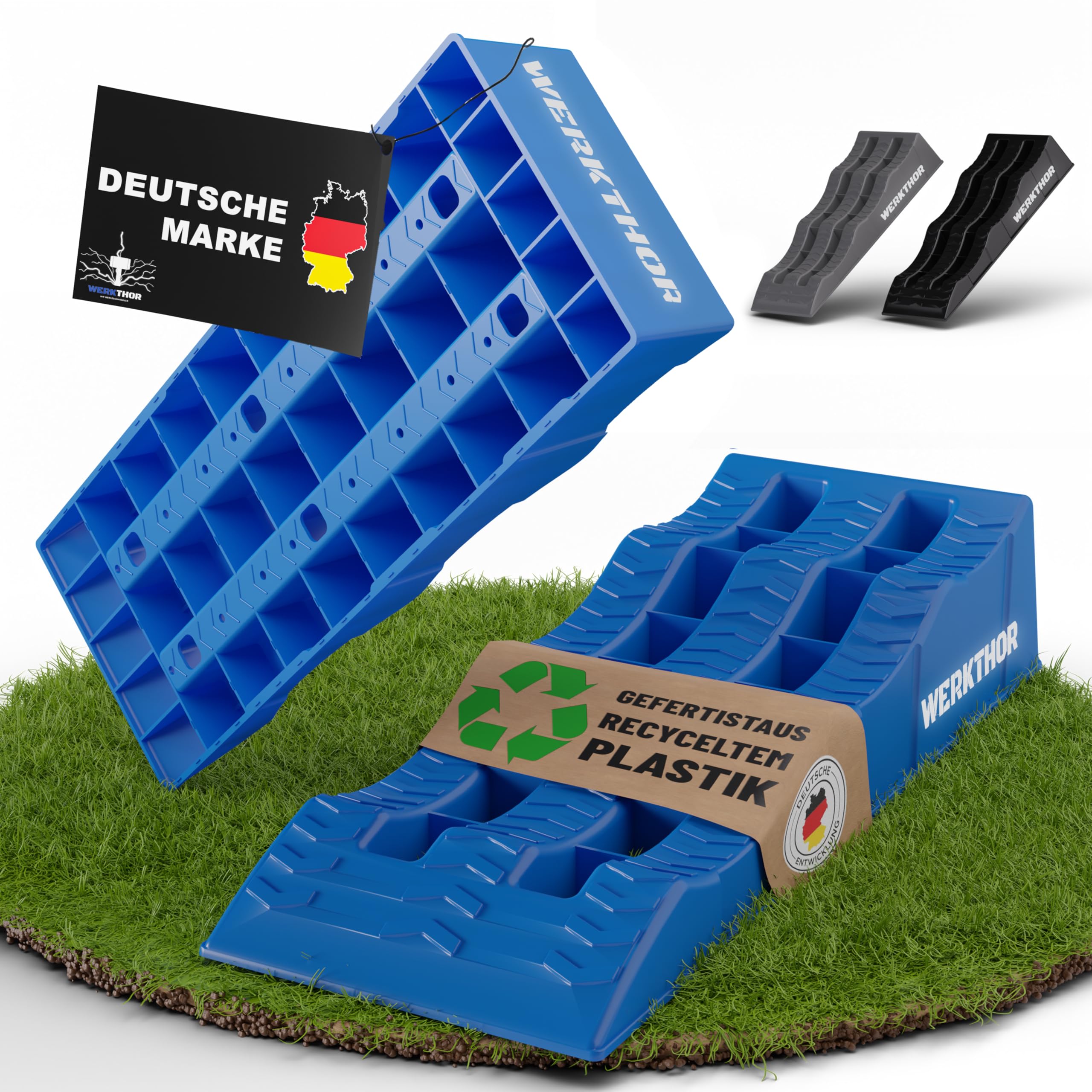 WERKTHOR Cunei per Camper (Blu) - [Set di 2] Cunei Stabili per Caravan e Camper | Cunei per Camper per un Livellamento Sicuro [<3t] - Design Robusto per Qualsiasi Superficie