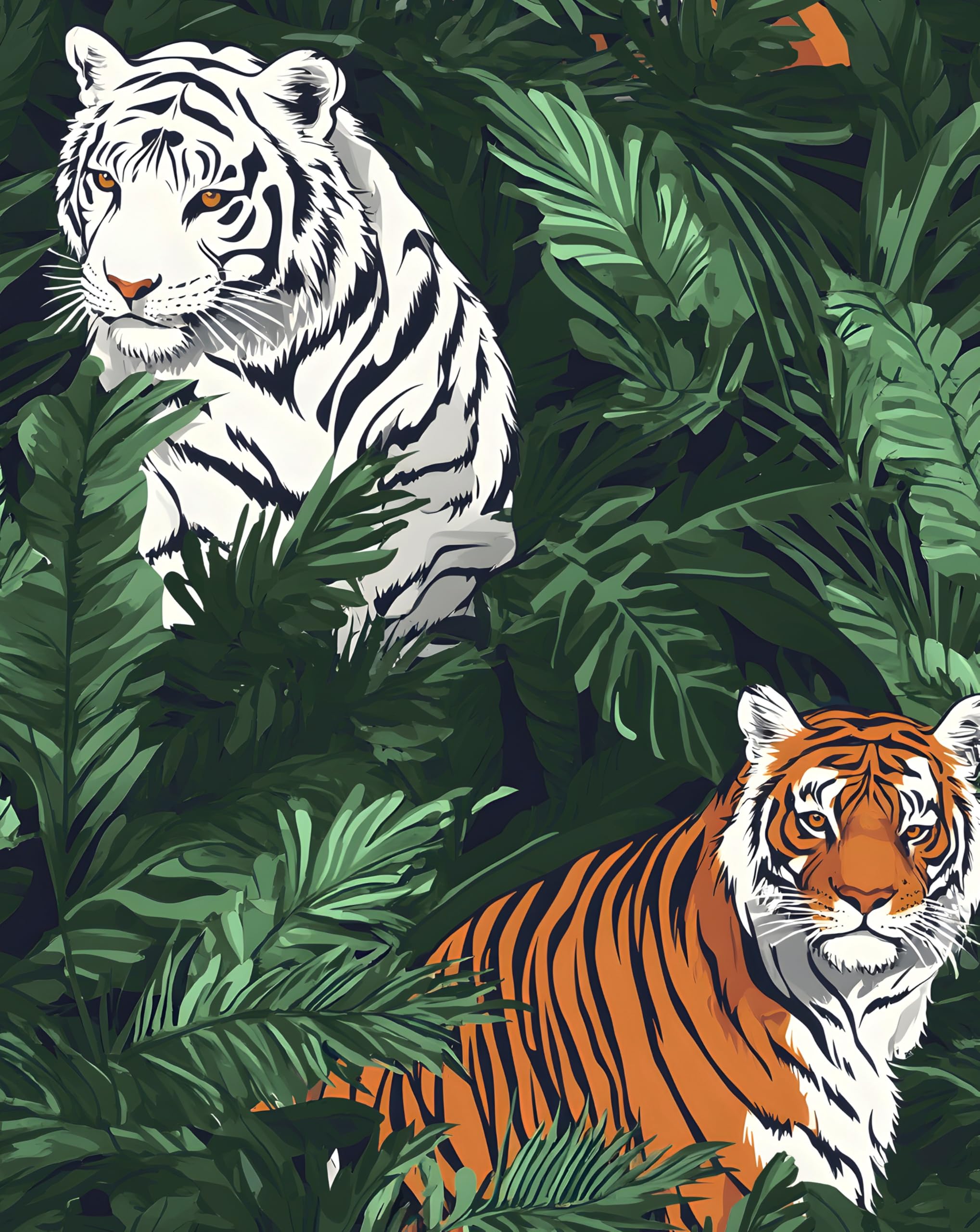 Tiger Wallpaper Peel and Stick Jungle Animals Contact Paper, Waterproof Self-Adhesive Green/White/Orange Tropical Forest Wall Paper for Bedroom
