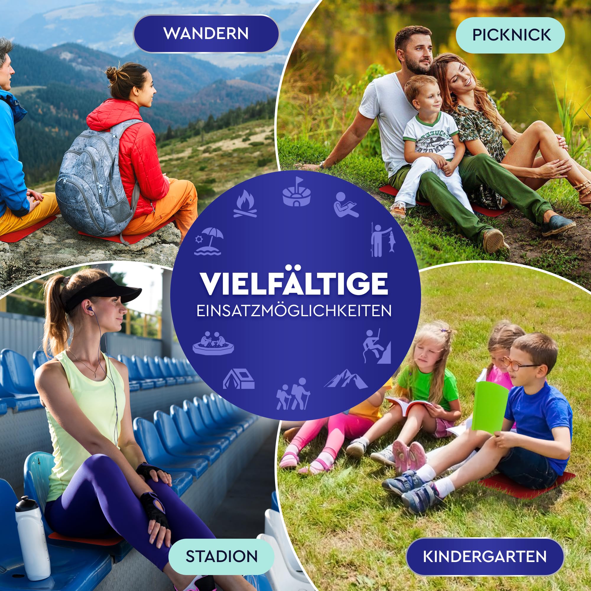 2er Set Outdoor Sitzmatte/Faltbares Iso-Thermo-Sitzkissen mit Tragetasche und Karabinerhacken für ideale Befestigung am Rucksack maximaler Schutz vor Kälte Nässe & Schmutz + Outdoor E-Book
