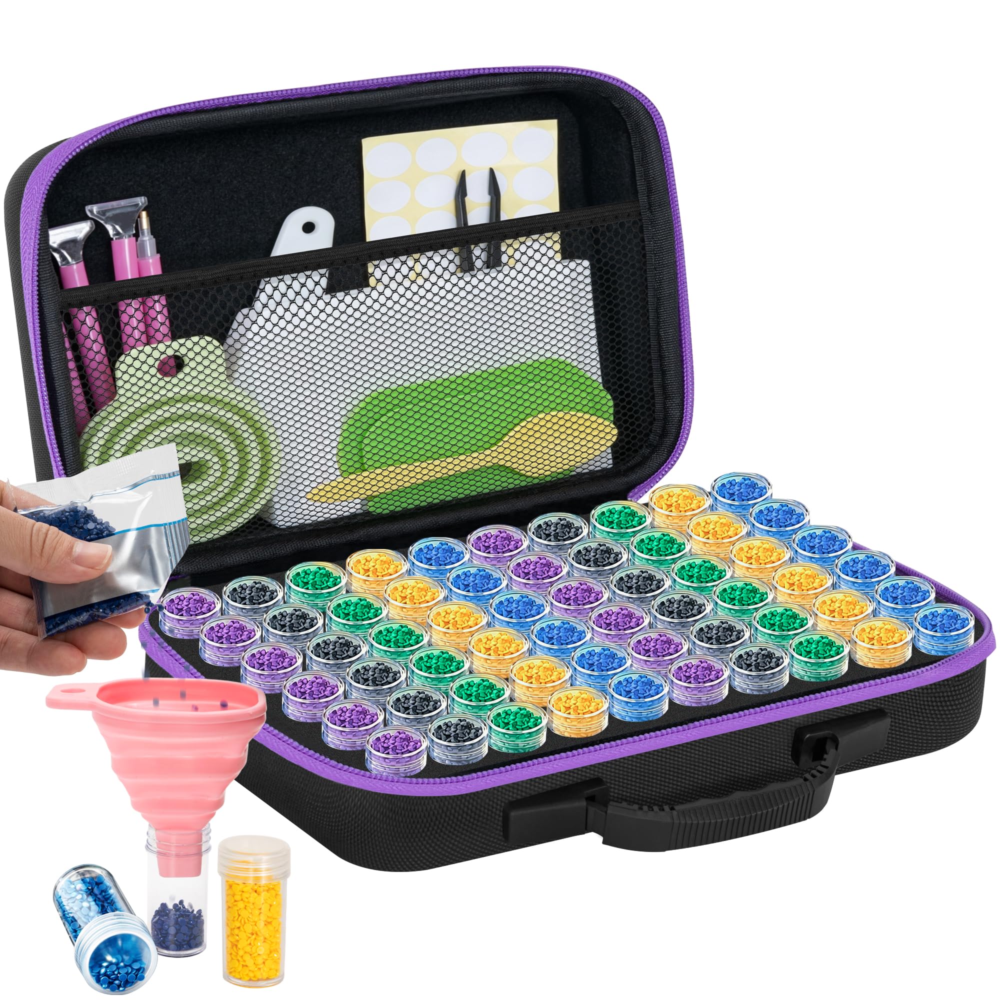 TORIBIO Diamond Art Storage Boxes Kits 60 Slots, 90pcs Diamond Painting Accessories, Portable Diamond Painting Accessories and Tools Kit for Bead Organization and Storage, Jewelry Beads(Purple)