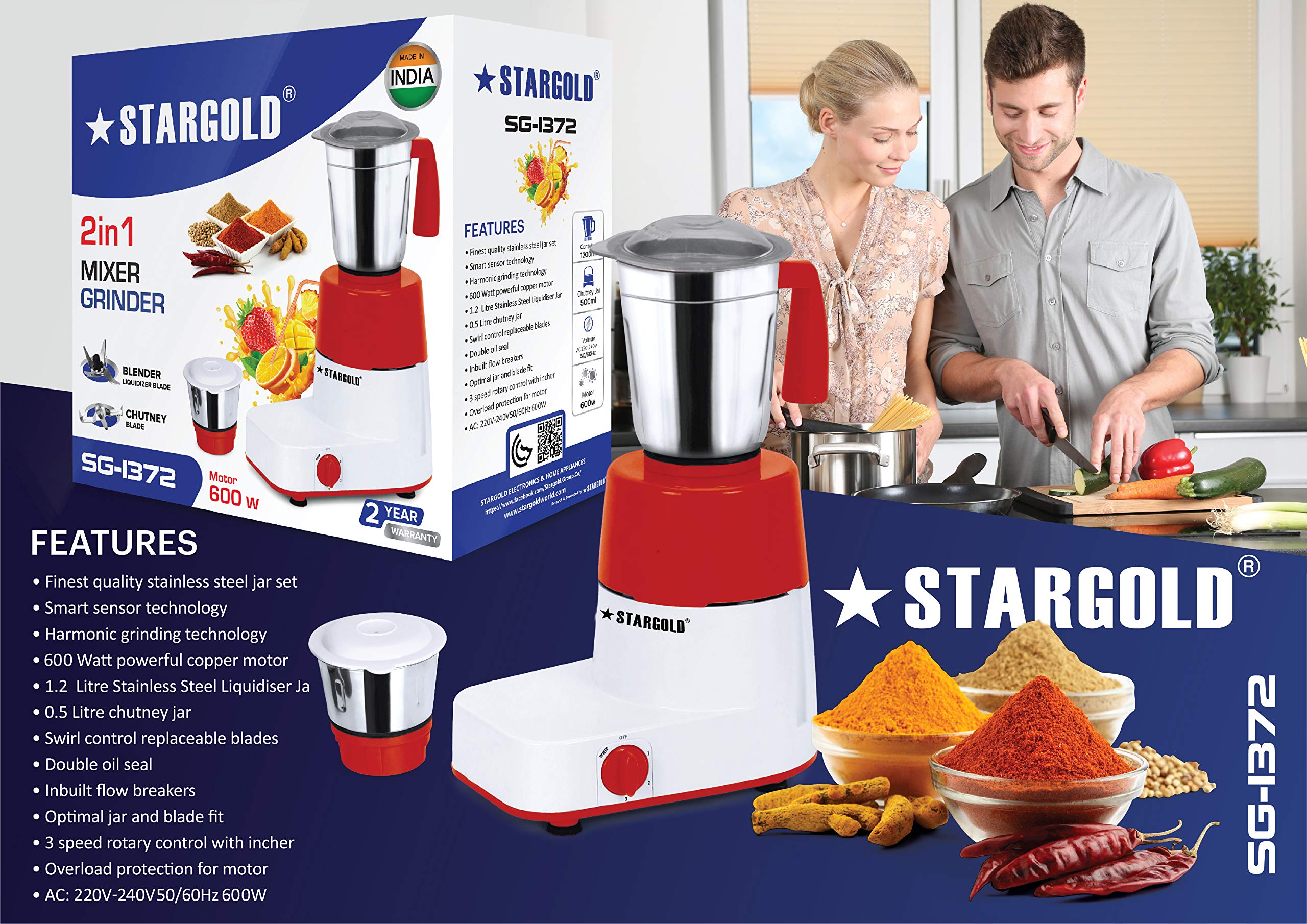 STARGOLD 600 Watts Mixer Grinder with 2 Stainless Steel Liquidising
