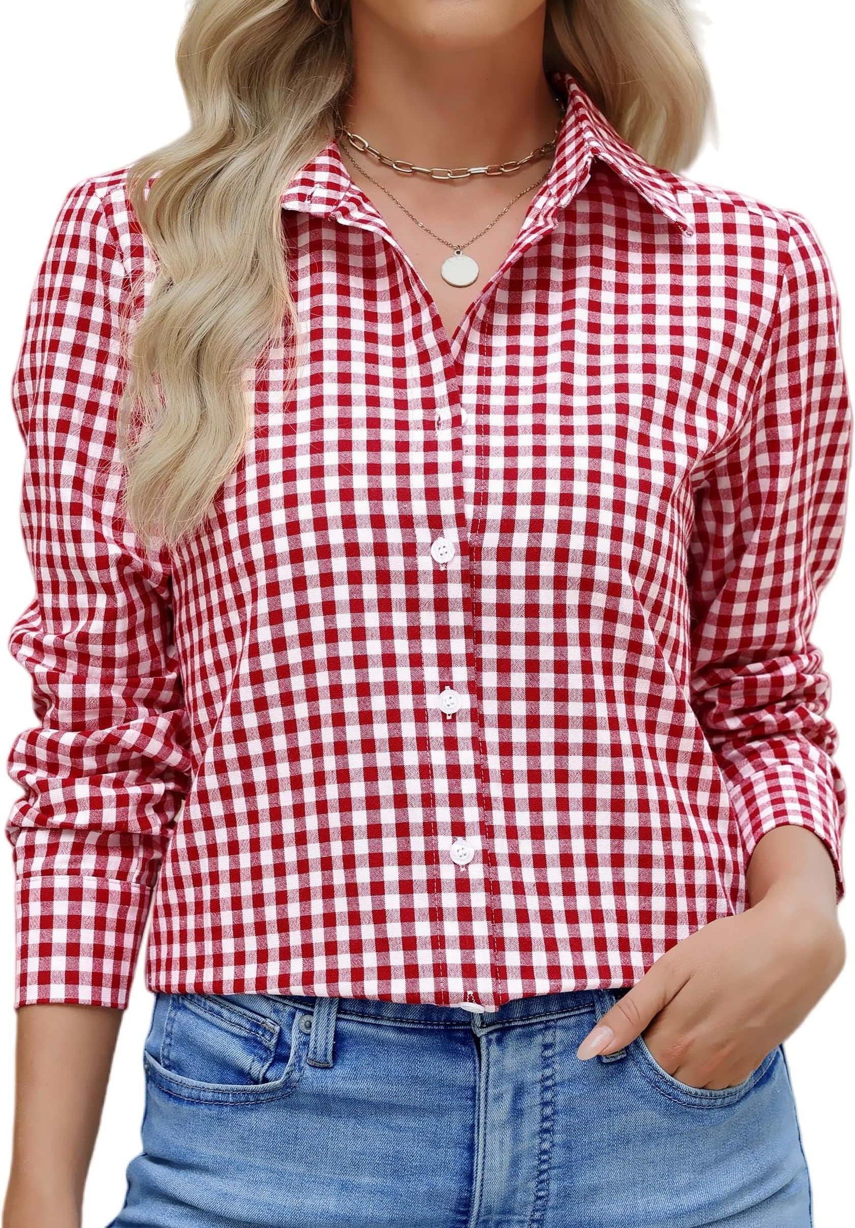 Women Slim Fit Cotton Gingham Button Down Shirts Long Sleeve Collared Blouses Plaid Business Dressy Casual Top