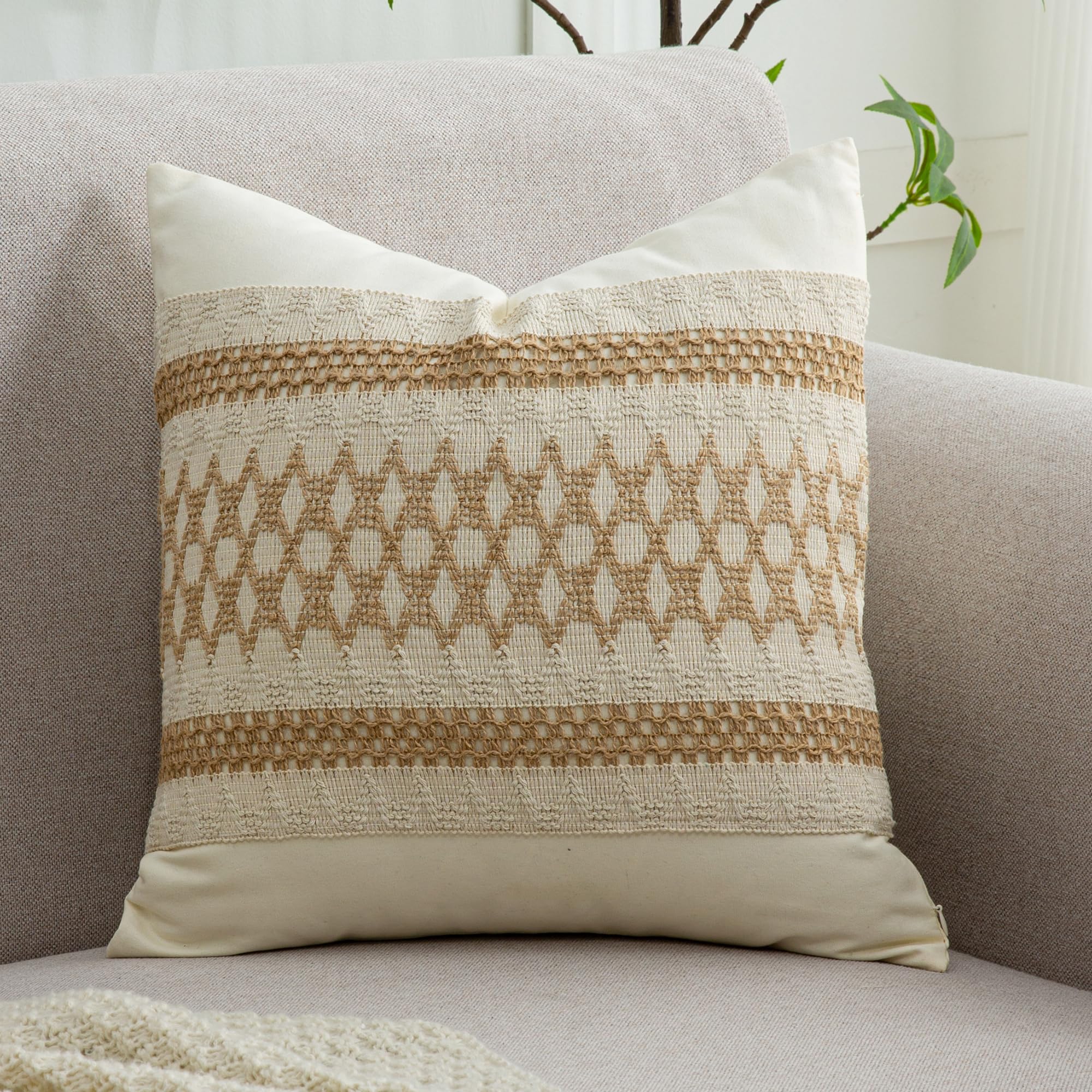 Throw Pillow Covers 18 x 18 Inch 1PC for Farmhouse Living Room, Cotton & Burlap Textured Striped Woven Boho Pillow Covers (Beige & Brown, Khaki Grid)