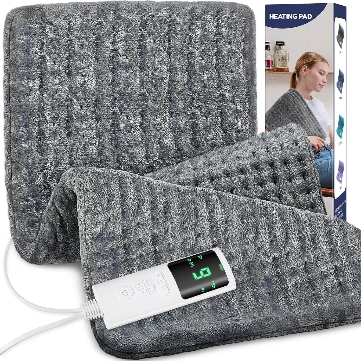 Extra Large Heating Pad for Back Pain Relief, 33"x17" Electric Heat Pad for Neck, Shoulders, Cramps, Menstrual Pain, 9 Heat Settings & 4 Auto-Off Timers, Soft Machine Wash Fabric, Gifts for Lover Gray