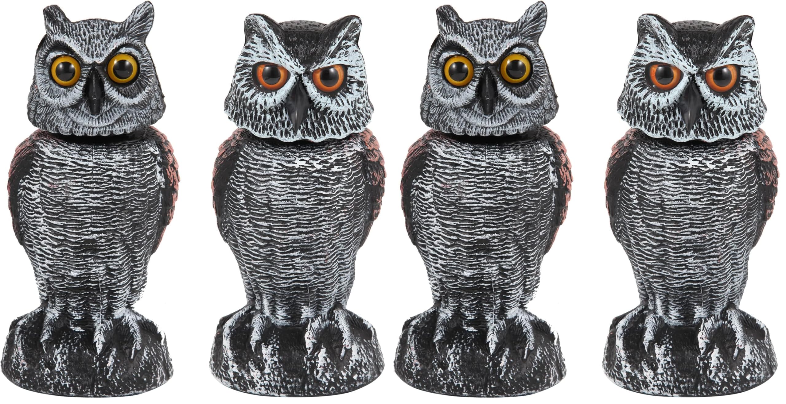 Hedoc 4 Pack Fake Owl Decoys to Scare Birds Away, Rotating Head Bird Deterrents, Nature Enemy Scarecrow Plastic Statues, Pest Repellent for Gardens and Patios