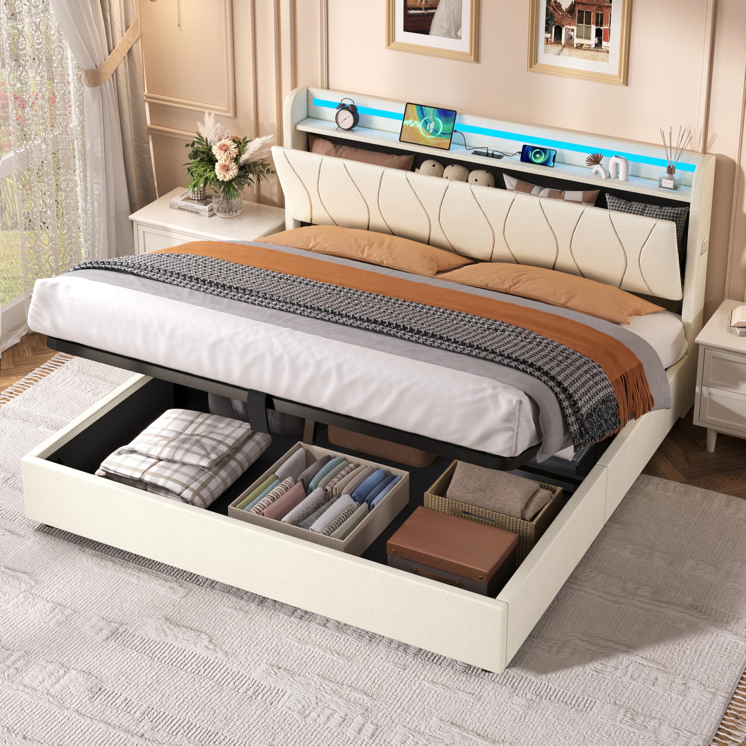 BTM King Size Bed Frame with Storage, Charging Station and LED Lighting, King Size Bed Frame with Headboard with Headboard Storage and USB & Type-C Ports, Linen, Beige, 5ft-150x200cm(No Mattress) โ image 1