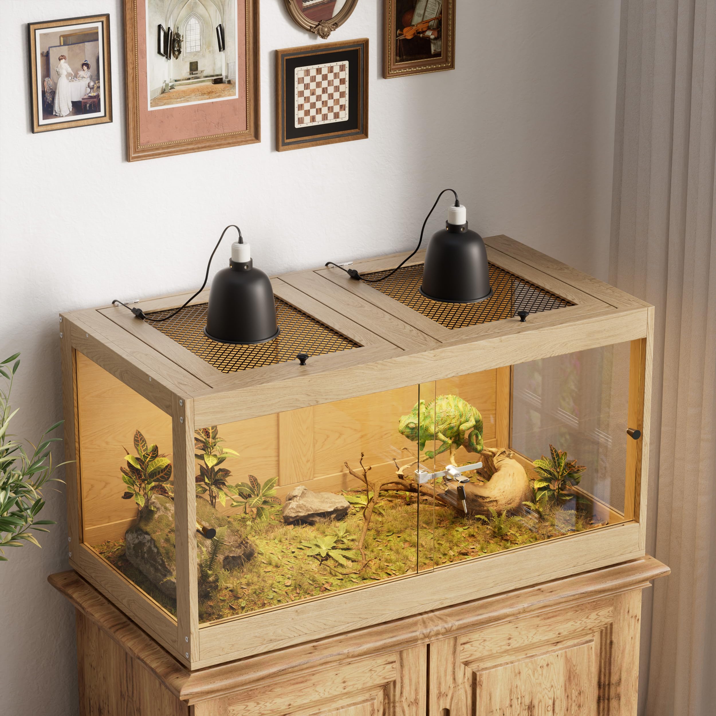 Terrarium für Reptilien & Amphibien, 100x50.8x52.3cm Reptilien Terrarium Holz mit 360°-Panoramablick aus Glas, Belüftung und Sicherheitsschloss, Terrarium Groß für Bartagame, Schlangen, Jungtiere