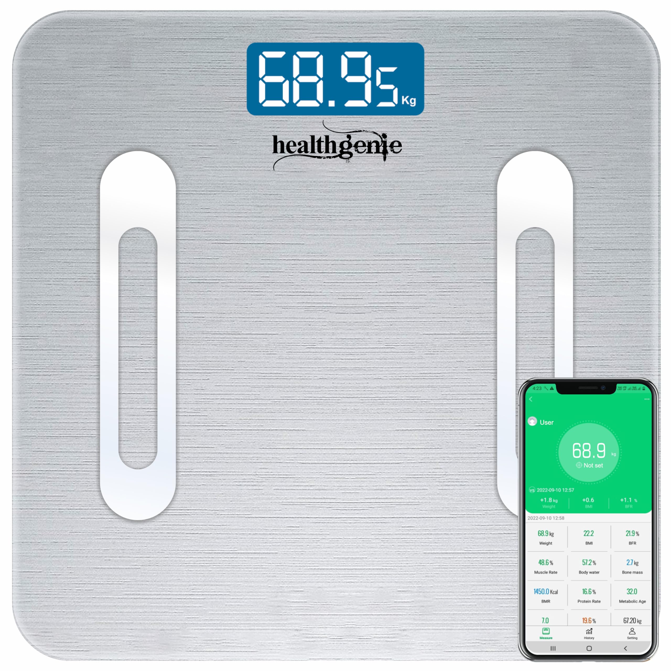 Smart Bmi Weight Machine For Body Weight With 18 Body Parameters Sync With Mobile App, 2 Yrs Warranty Bluetooth Weighing Machine Metallic Shine (Hb-411), 180 kg