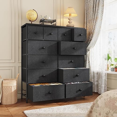 Miniatura 5 de Cómoda para Dormitorio Organizador de Cajones Cajones de Almacenamiento, Cómodas de Tela y Cajoneras, Marco de Metal Resistente, Superficie de Gris