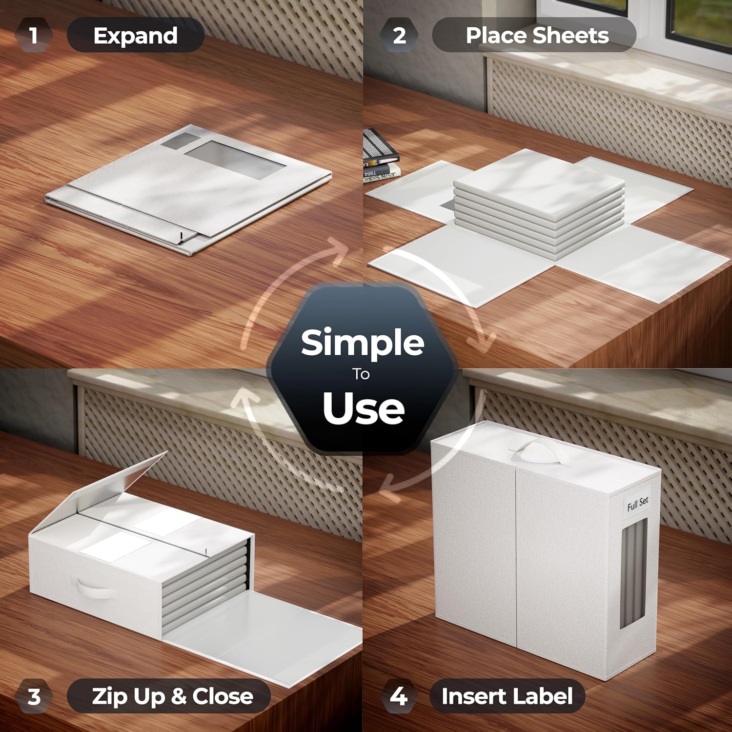 TIMBLE Bed Sheet Organizers & Storage, 10 Pack for King, Queen & Large Sheet Sets, Closet Organizer for Linens, Clothes, Blankets & Bedding, Foldable Fabric Bins with Handle, Name Tag & Window (Beige)