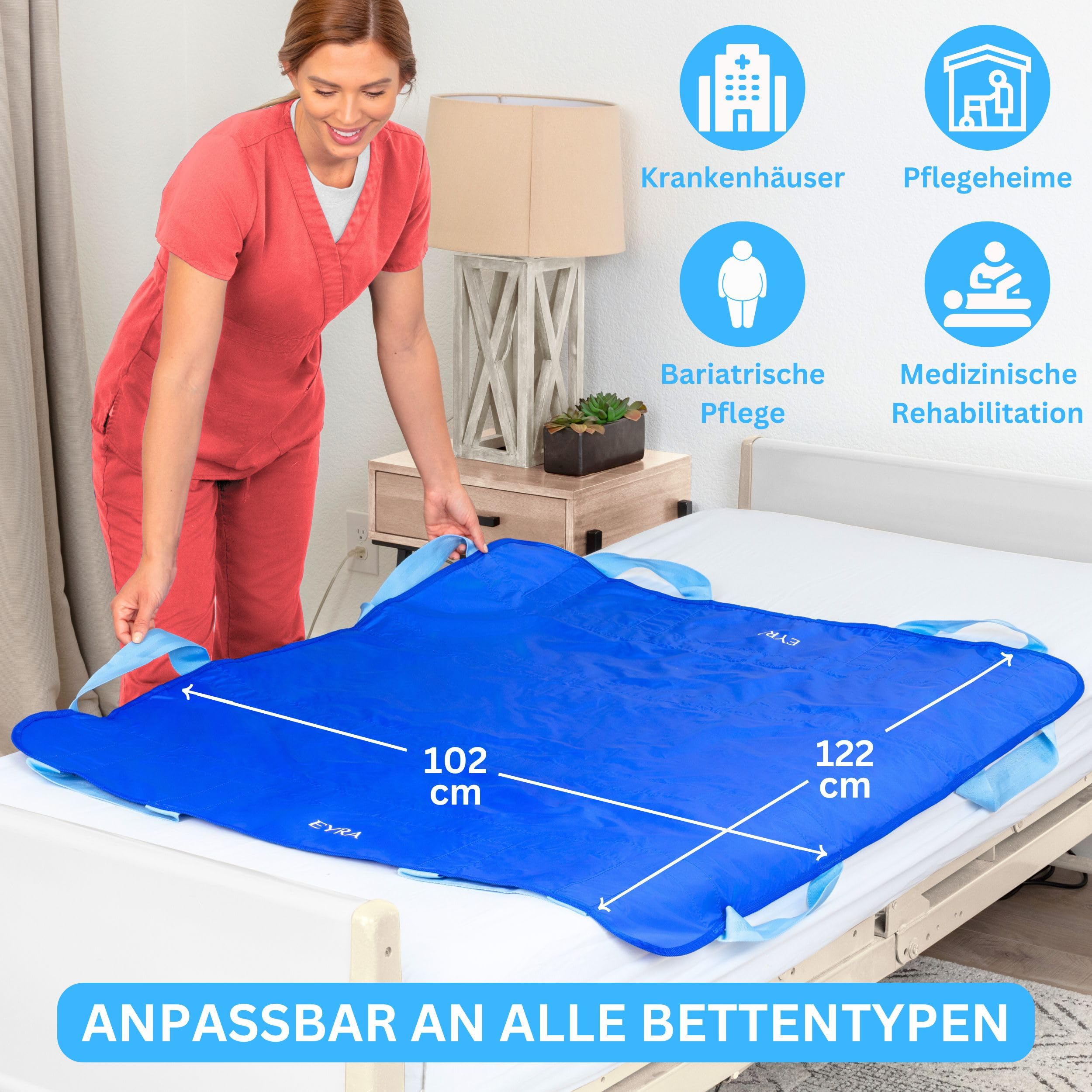 EYRA Patienten-Gleittuch 122×102 cm mit 8 Griffen – Transferlaken & Positionierungshilfe für Pflege, Senioren & Betttransfer – Waschbar, Wiederverwendbar, Belastbar bis 180 kg