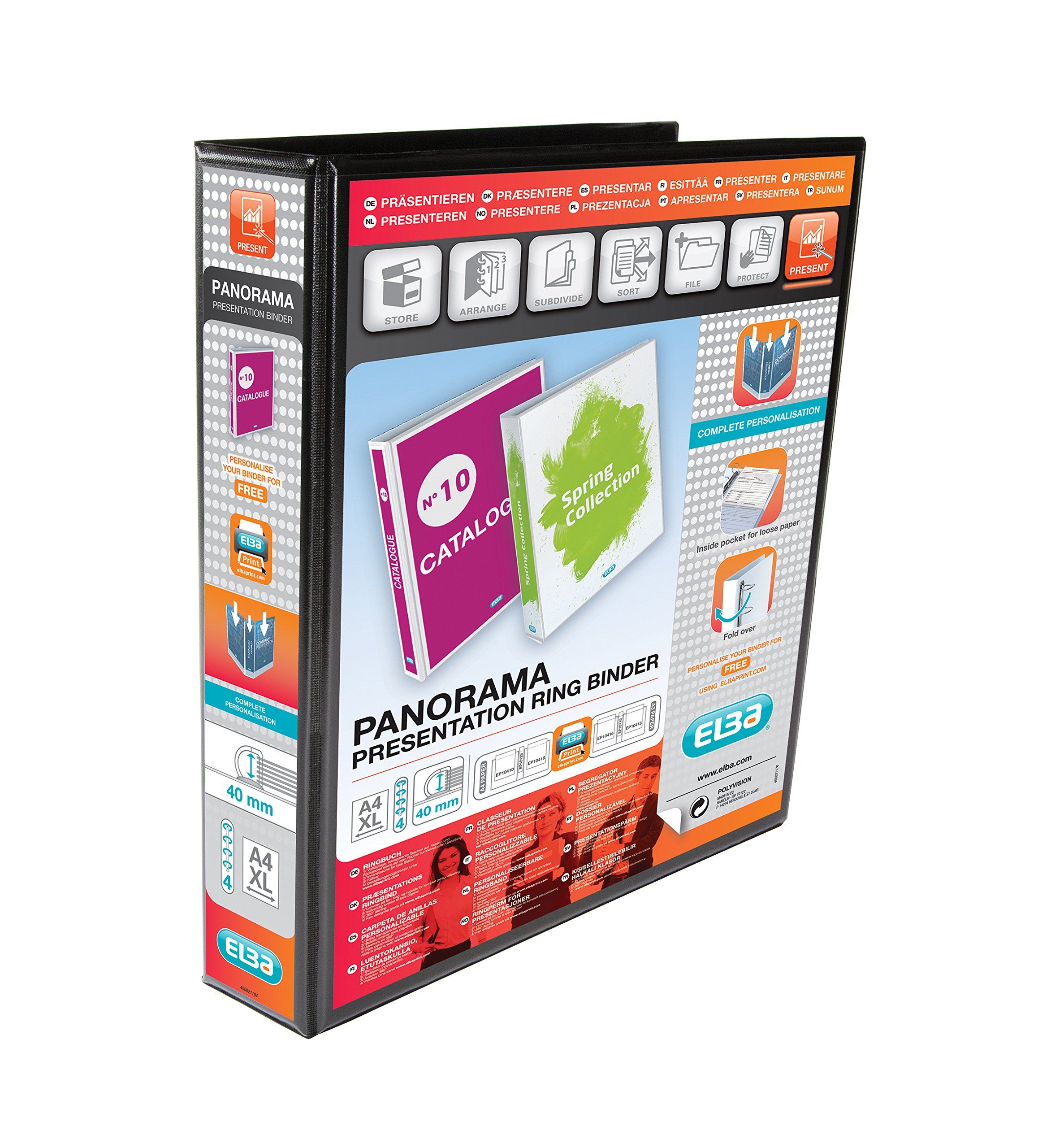 Elba A4 4 D-Ring Binder, 40mm capacity, 60mm spine, Presentation Folder with Customisable Cover, Portrait, Black (Single)