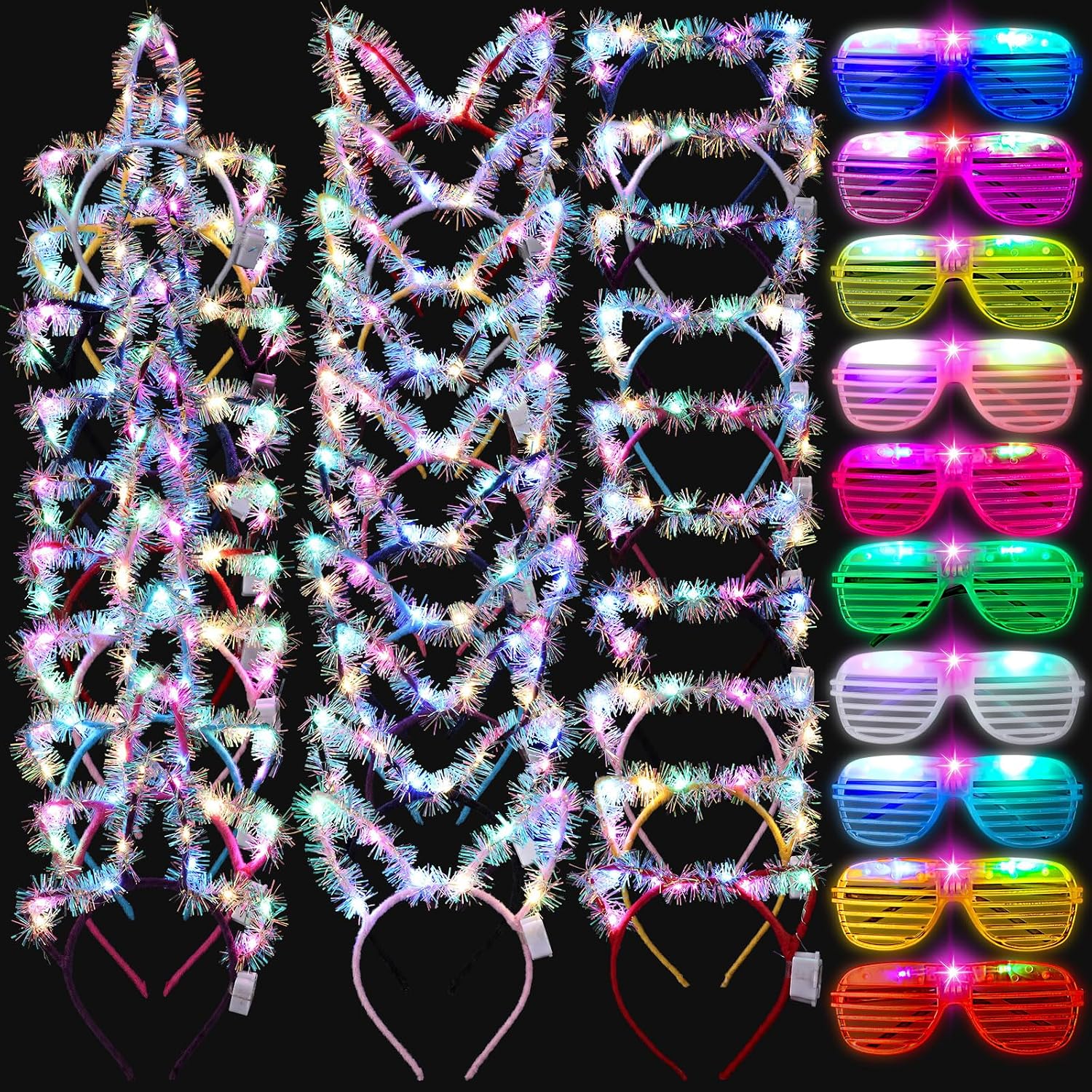 Honoson 50 Pcs Light up Headband Glasses Glow in Dark, 10 Colors Gold Wire
