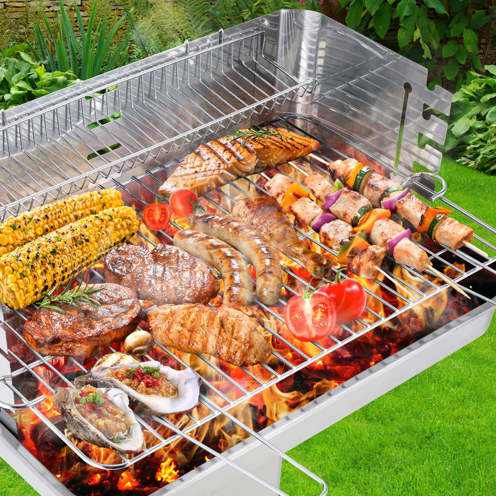TLGREEN Barbecue a colonna in acciaio inox 57 * 38 * 90 cm, Altezza regolabile in 5 posizioni, Barbecue da esterno con Cassetto cenere, ventilazione e griglia cromata, Outdoor, BBQ, Spiagge, Giardino