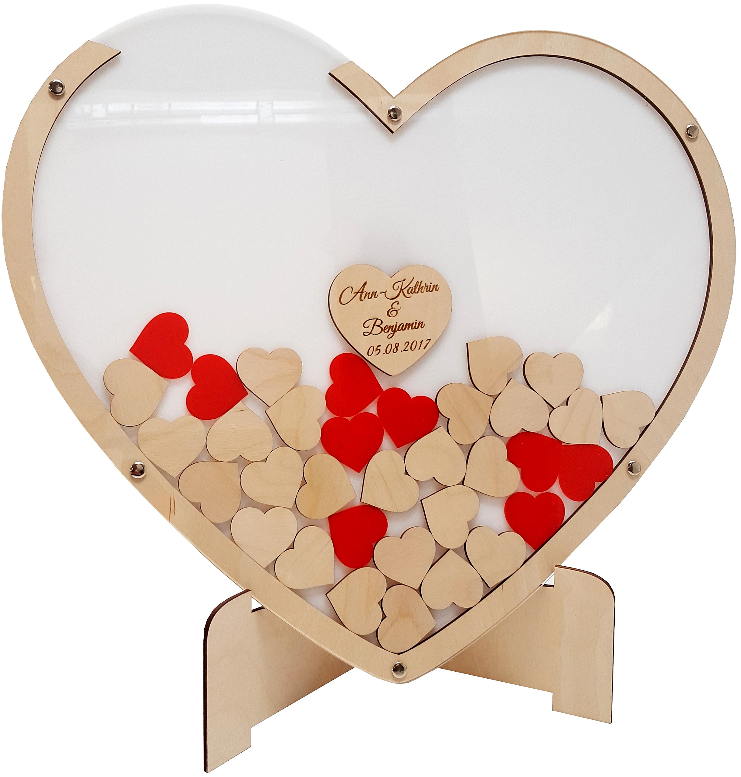 Manschin-Laserdesign Gästebuch aus Holz und Acrylglas zur Hochzeit, personalisiert, Wunschgravur, Wunschfarbe inkl. Herzen (Hintergrundfarbe Weiß, XXL (53x60cm (ca. 140 Herzen)))