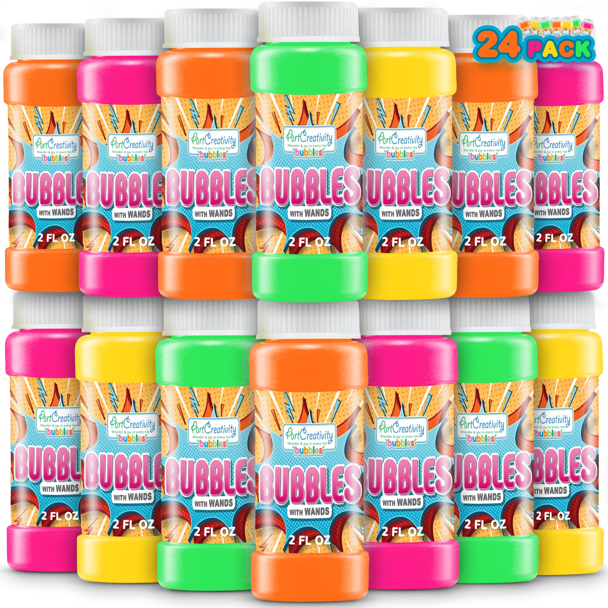 ArtCreativity Bubble Bottles with Wand - 24 Pack Bubbles for Kids Bulk Party Favors, Outdoor Summer Toys, Birthday Goodie Bag Fillers, Bulk Bubbles for Kids in Assorted Colors