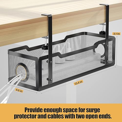 Miniatura 6 de Cinati - Bandeja organizadora de cables para colocar debajo del escritorio, con abrazadera, no daña el escritorio y no se necesita taladro, para