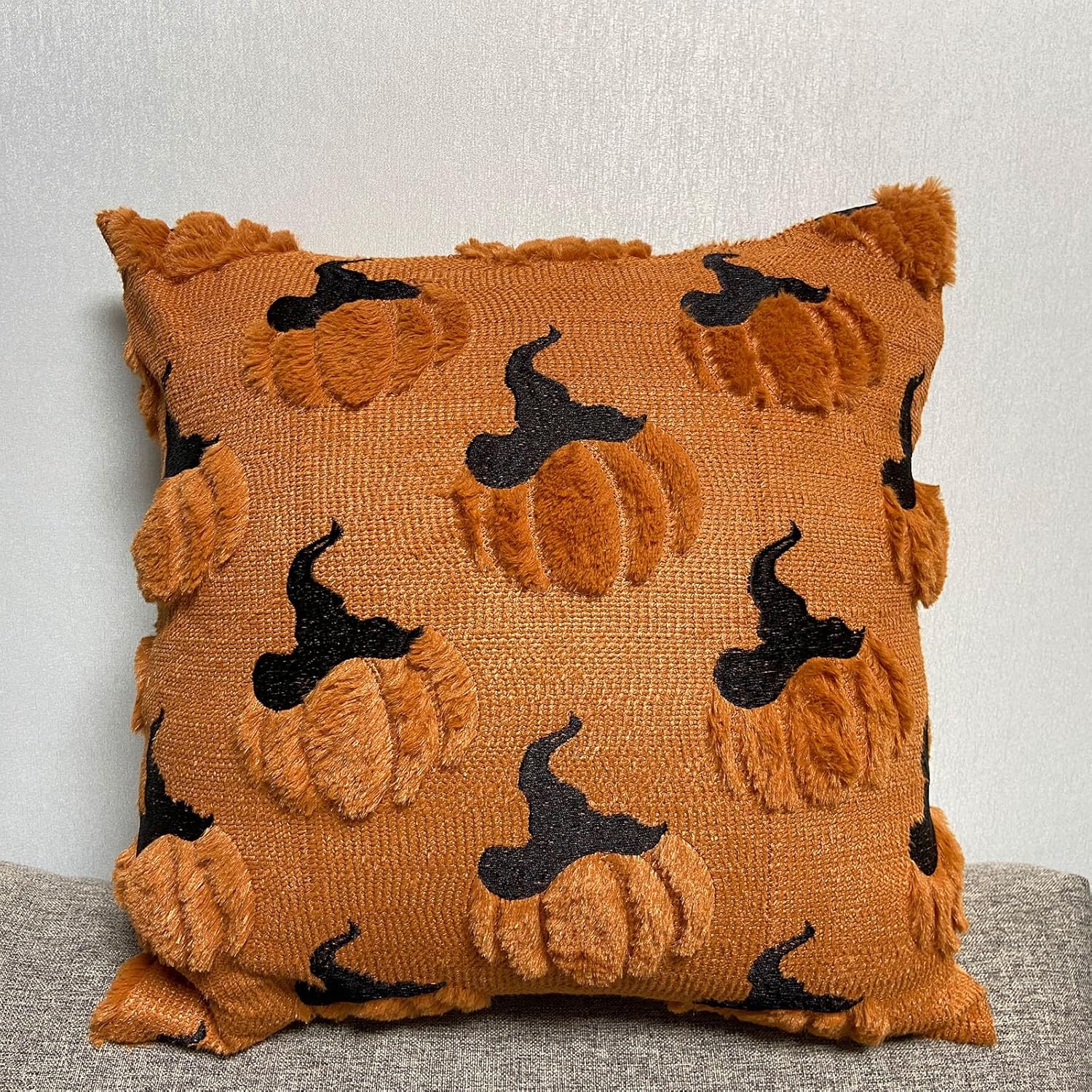 Halloween Throw Pillow Covers 20x20 Set of 2, Decorative Pumpkin Pillowcases with 3D Soft Plush Faux and Witch Hat Pattern, Farmhouse Throw Cushion Cases Dark Rust for Fall Autumn Holiday