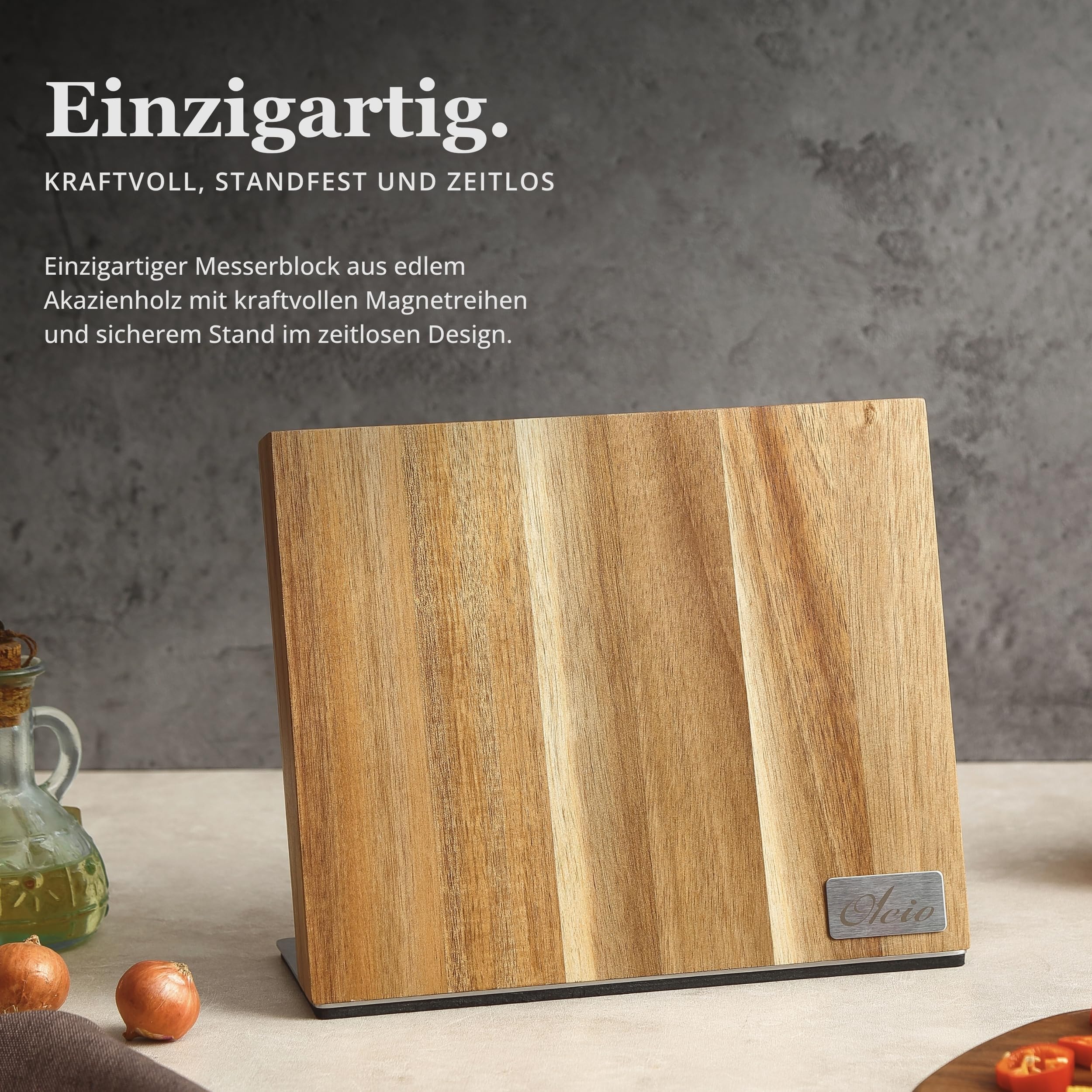Oleio Magnetischer Messerblock - Küchen Organizer aus Akazienholz mit Magnetleiste für bis zu 6 Messer - Edelstahlsockel & rutschfester Unterlage - 3,8 cm stark Messerblock ohne Messer - Messerständer