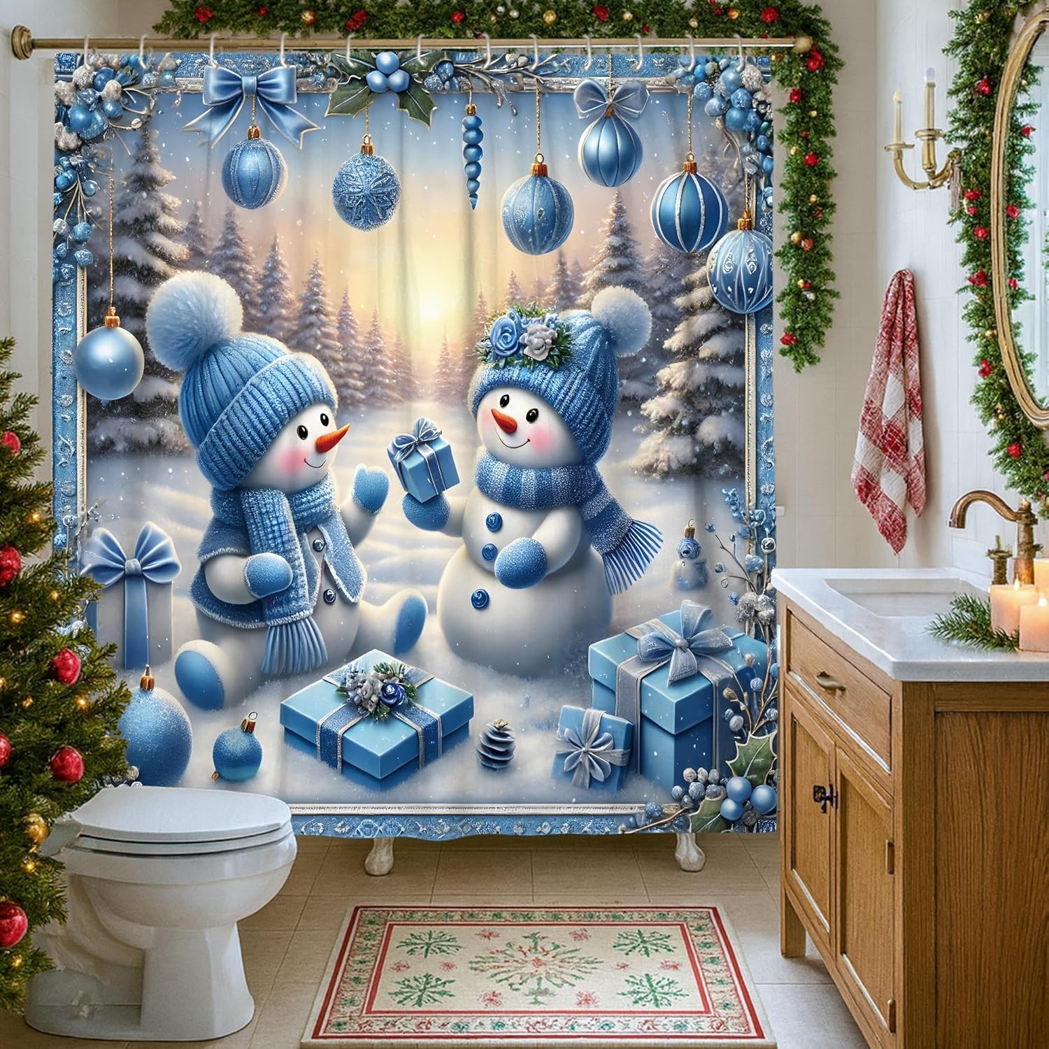 4Pcs Snow Man Shower Curtain Set, Blue Winter Snowflakes Bath Mat Rugs Accessories for Holiday Decor, Festive Waterproof Fabric Shower Curtain Set with Hooks 72x72 Inch