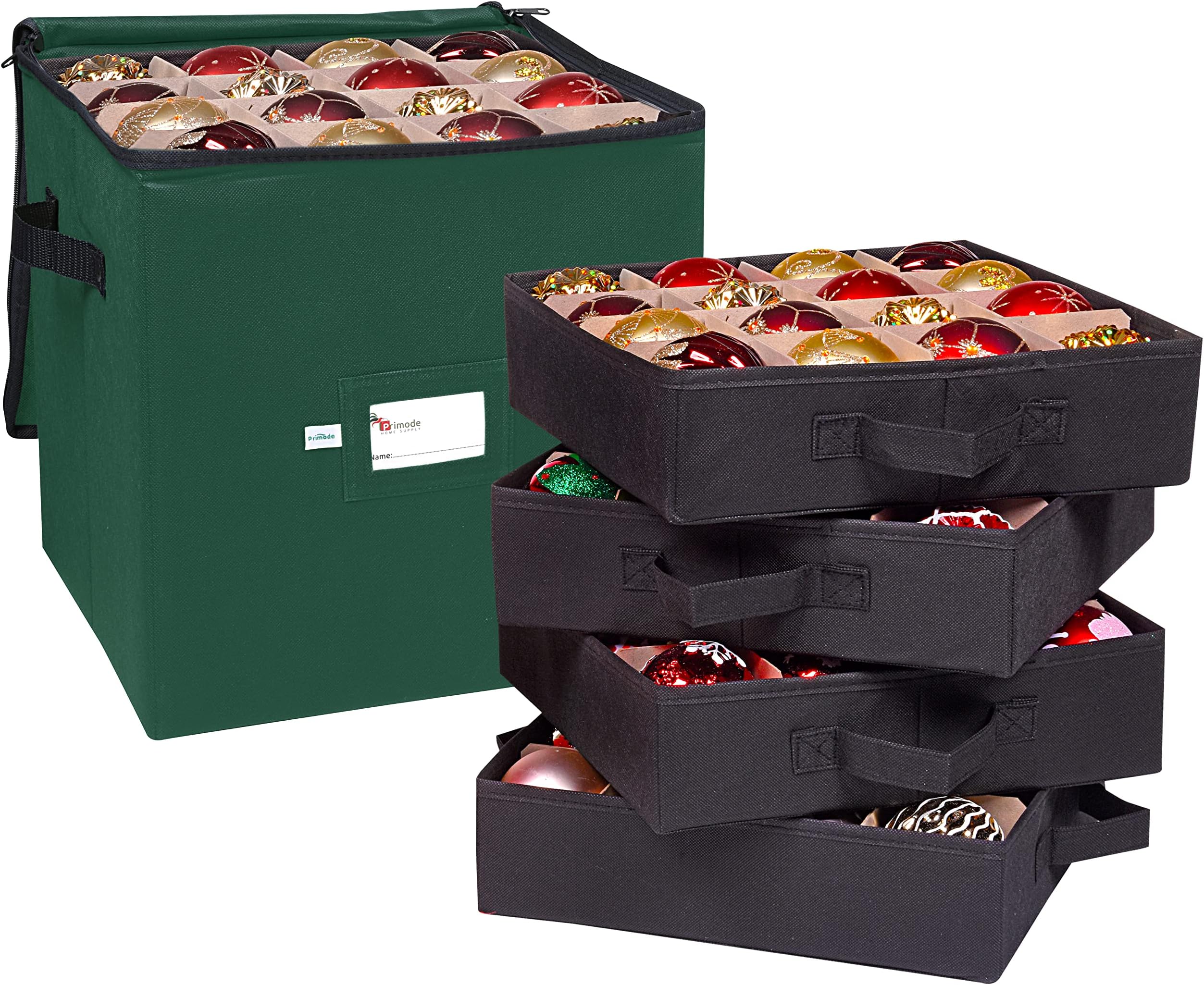 Primode Christmas Ornament Storage Box, 4 Individual Trays Xmas Storage Container, Fits 64 Ornaments Decoration Balls, Constructed of Durable 600D Oxford Material (Green)
