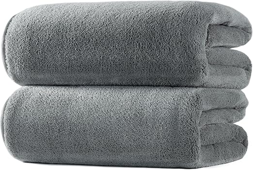 POLYTE Plush Microfiber Oversize Quick Dry Lint Free Bath Towel, 60 x 30 in, Pack of 2 (Gray, Coral Fleece)
