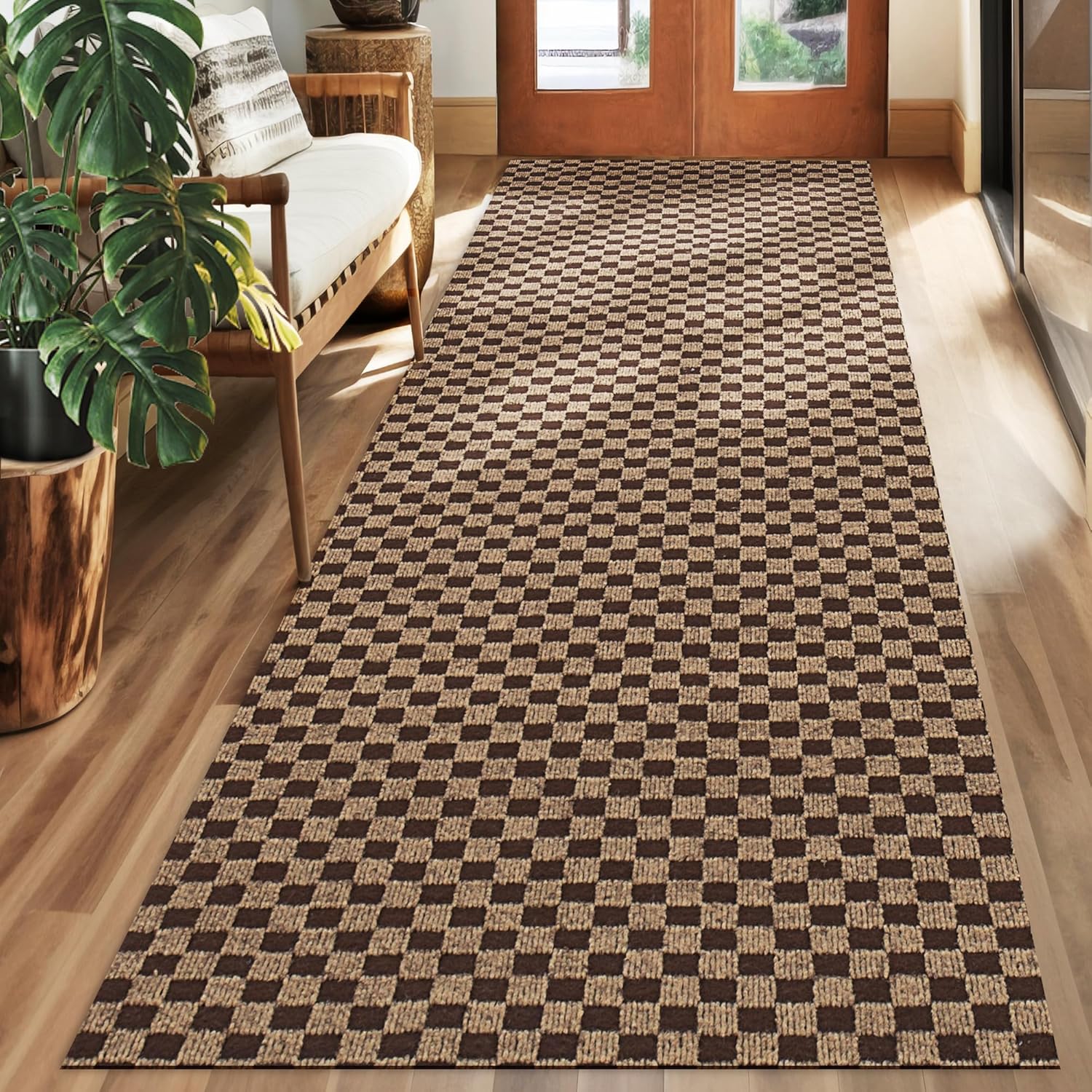 koloko 2ft x 6ft Runner Rug Non-Slip Outdoor Indoor Carpet Runner Custom Size Floor Runners Area Rugs Mat with Rubber Backing for Hallway Entryway Balcony Patio Kitchen Garage Stair Laundry Checkered Brown 2ft x 6ft