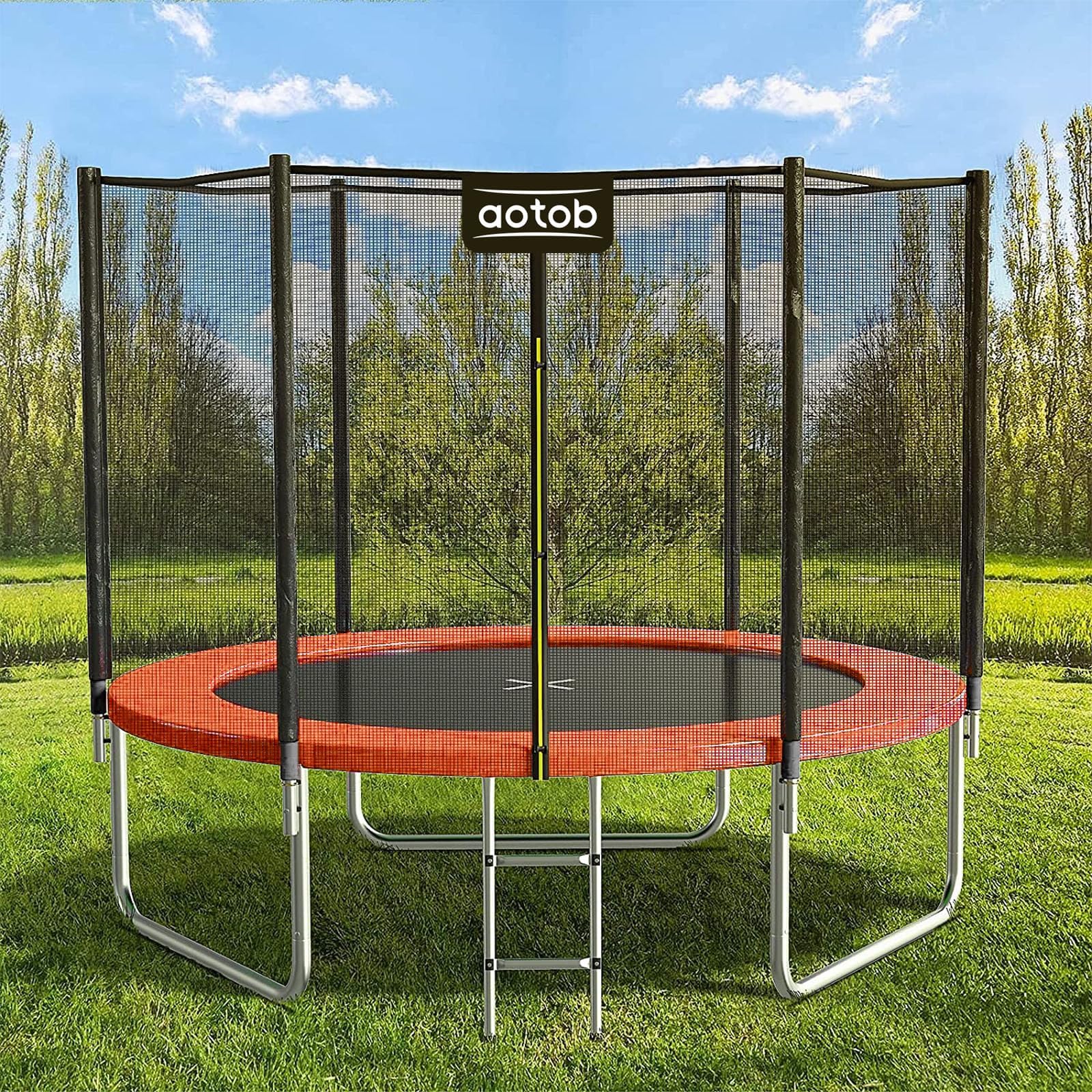 AOTOB 8FT 10FT 12FT 14 FT 15FT Trampoline with Safety Enclosure Net,Outdoor Trampoline with Basketball Hoop, Heavy Duty Jumping Mat and Spring Cover Padding for Kids and Adults, Storage Bag and Ladder