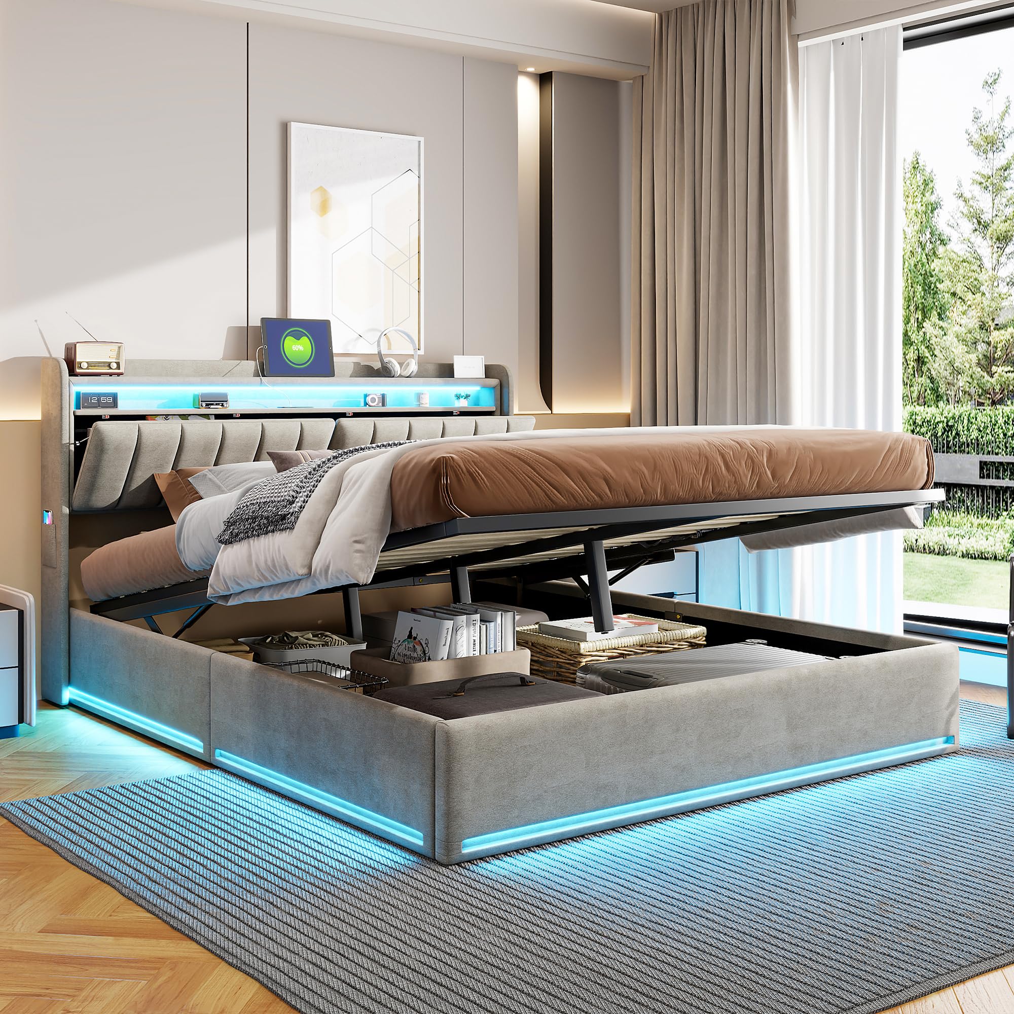 Letto Contenitore Matrimoniale 160x200 cm, Letto con Spazio Idraulico, Testiera Multifunzione con Portaoggetti, Ricarica USB A+C e Luci LED RGB, Velluto, Grigio, Senza materasso
