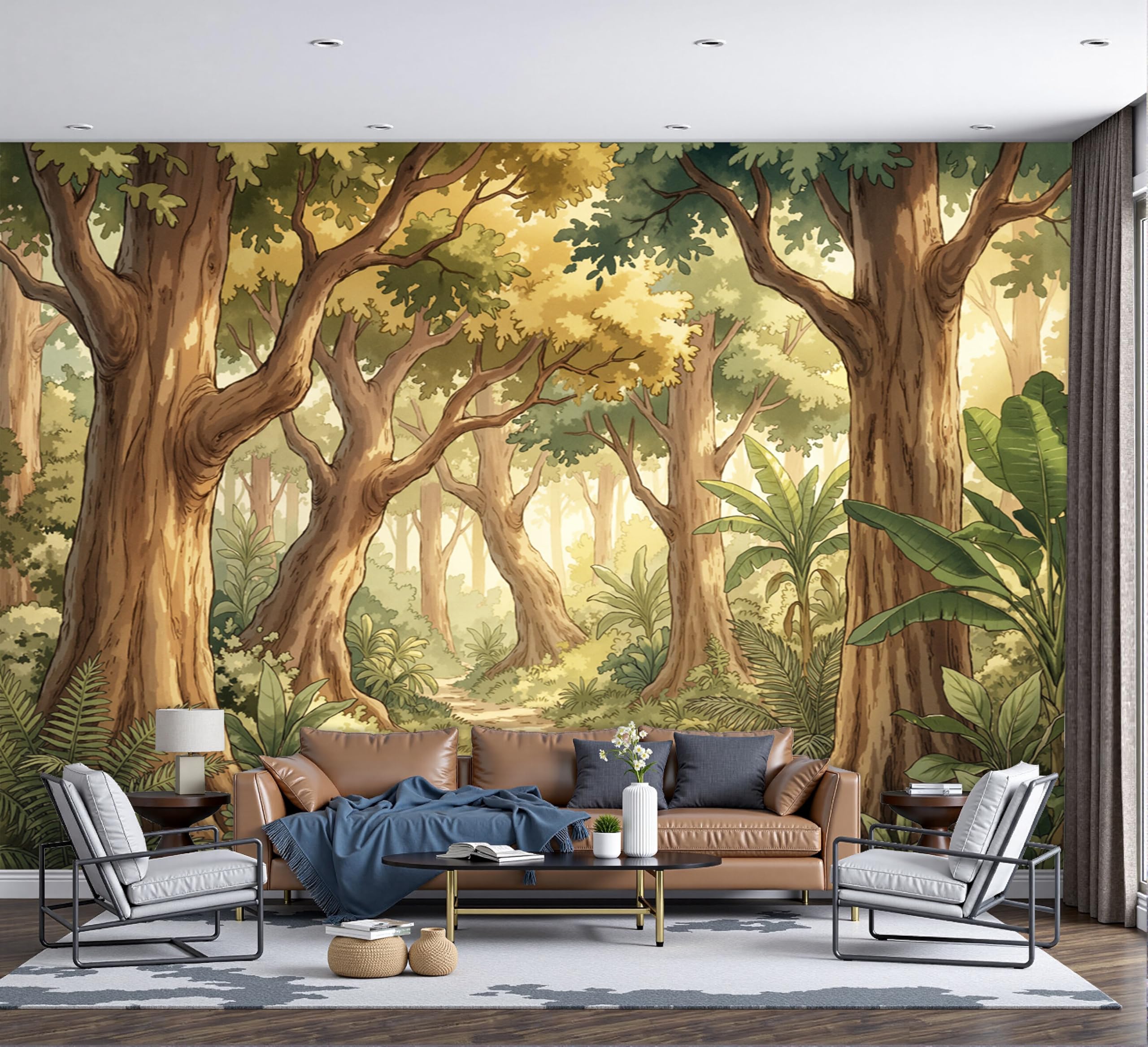 Papier peint panoramique forêt 200x140cm vert et brun pour salon