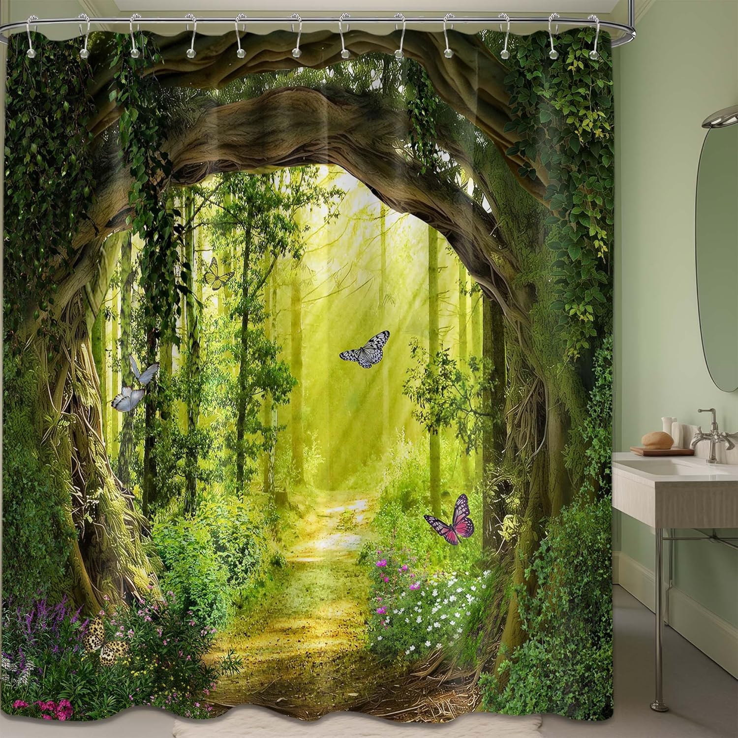 Enchanted Forest Shower Curtain Green Nature Garden Outdoors Scene Tree Scenic Bathroom Decor, Waterproof Cloth Fabric with Hooks (70''W x 78''L)