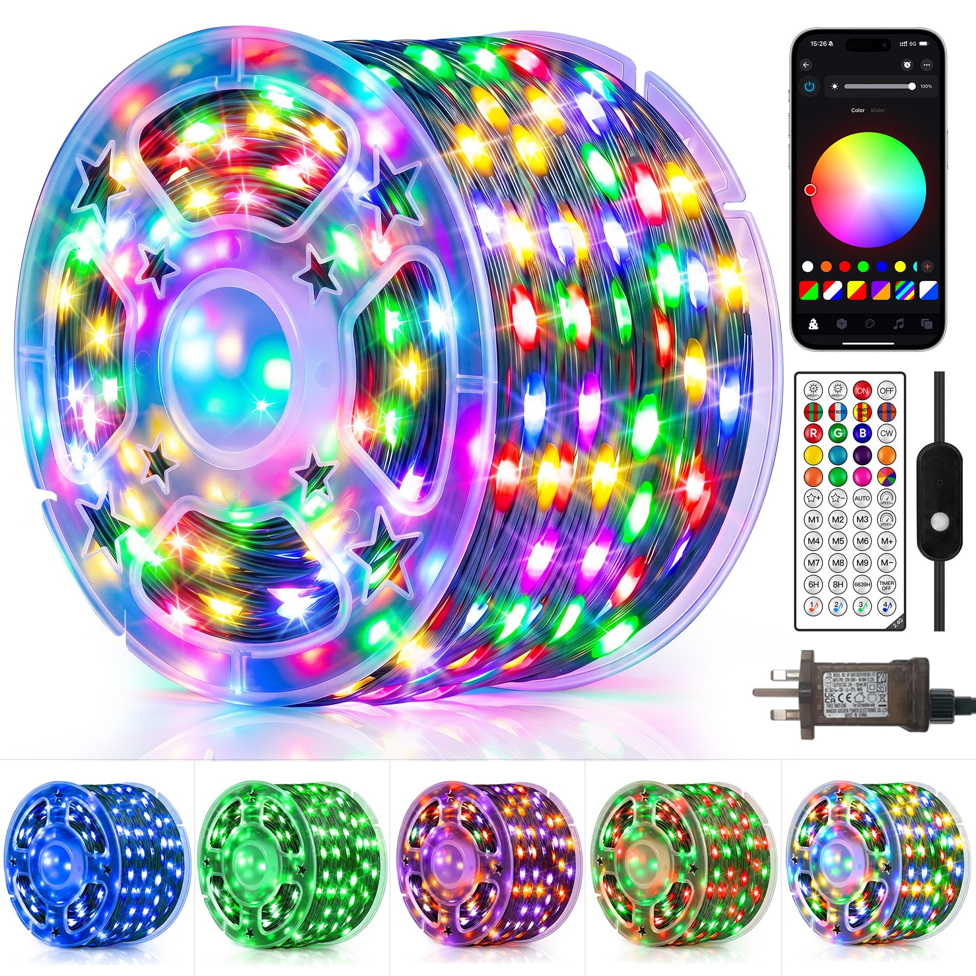 HeiPard Smart Outdoor Fairy Lights 20M 200LED RGB+W App＆Remote with Spool