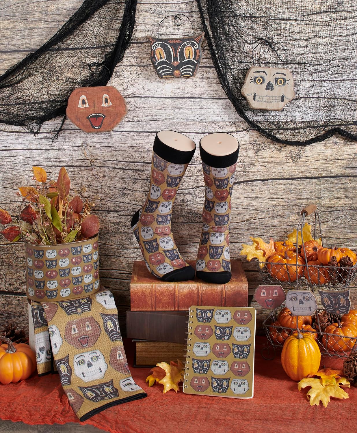 Primitives by Kathy Decorative Kitchen Towel, from Our Halloween Collection, Microfiber Towel with All-Over Design, Primitive Pattern Halloween Faces Featuring Jack o'lanterns, Black Cats,Skeletons
