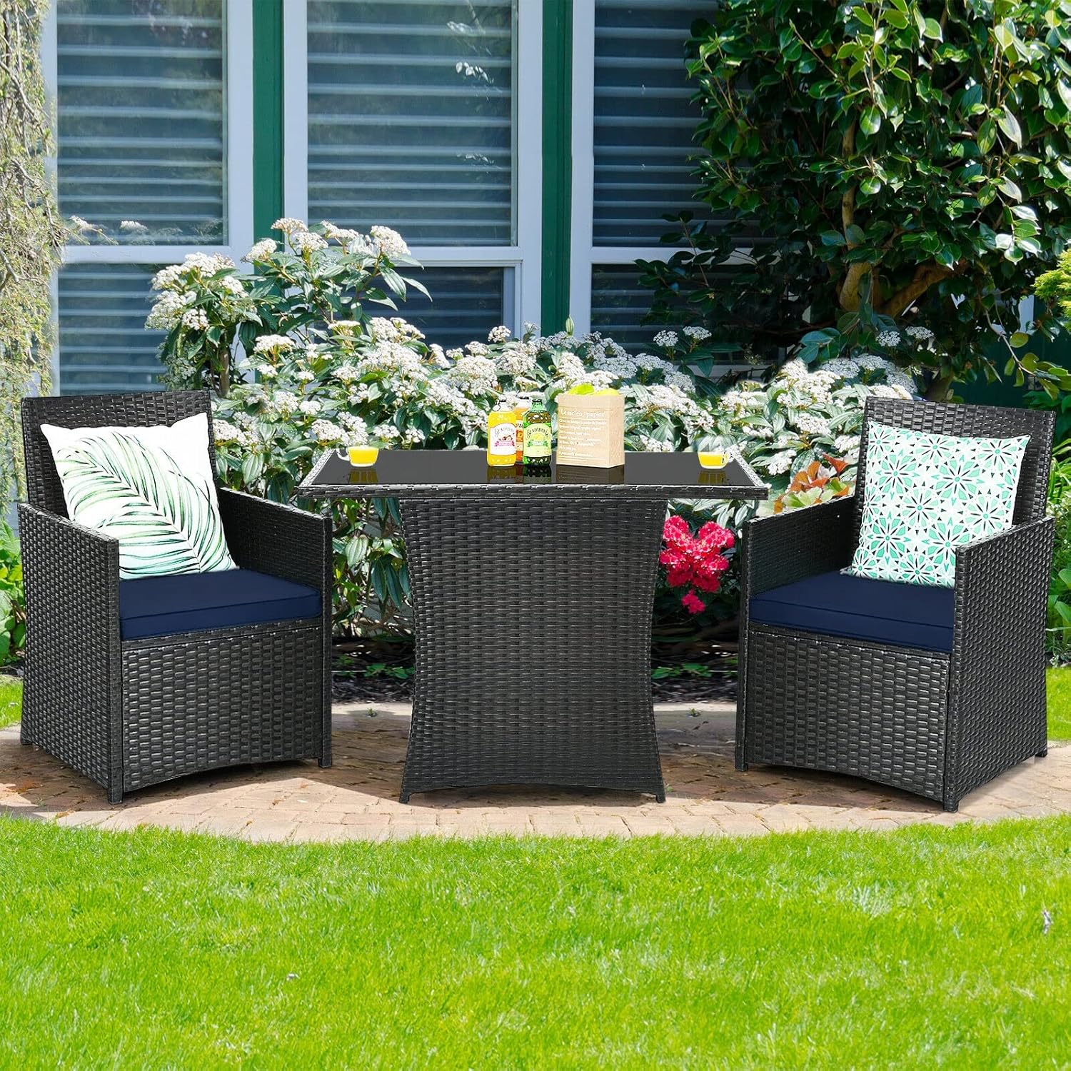 3PCS Patio Rattan Furniture Set Cushion Sofa Armrest Garden Deck Navy Mixed Brown