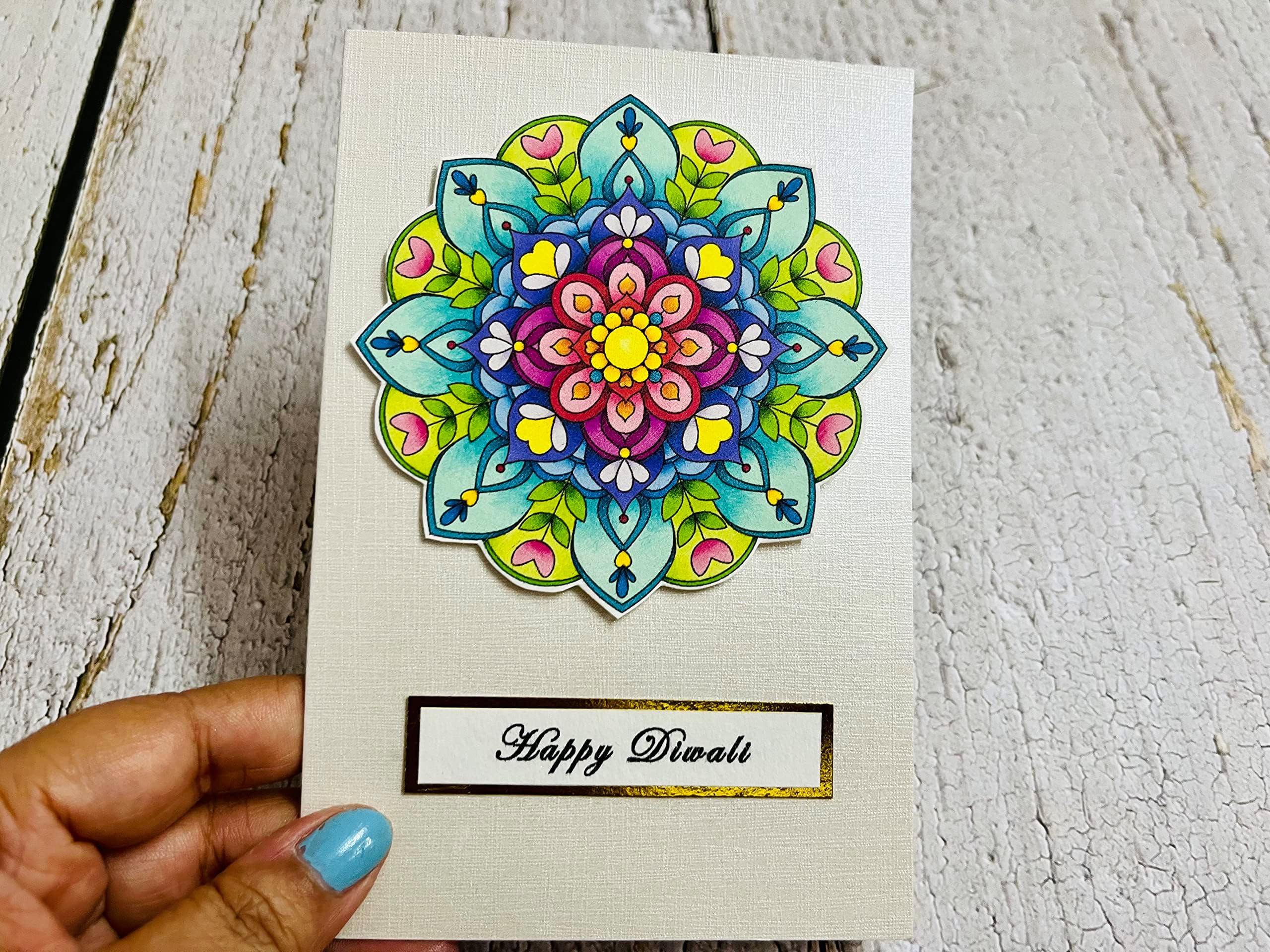 handmade mandala Diwali greeting cards to celebrate with your friends and family, 4x6 size, blank inside, envelopes included, metallic paper used (Mandala set of 5)