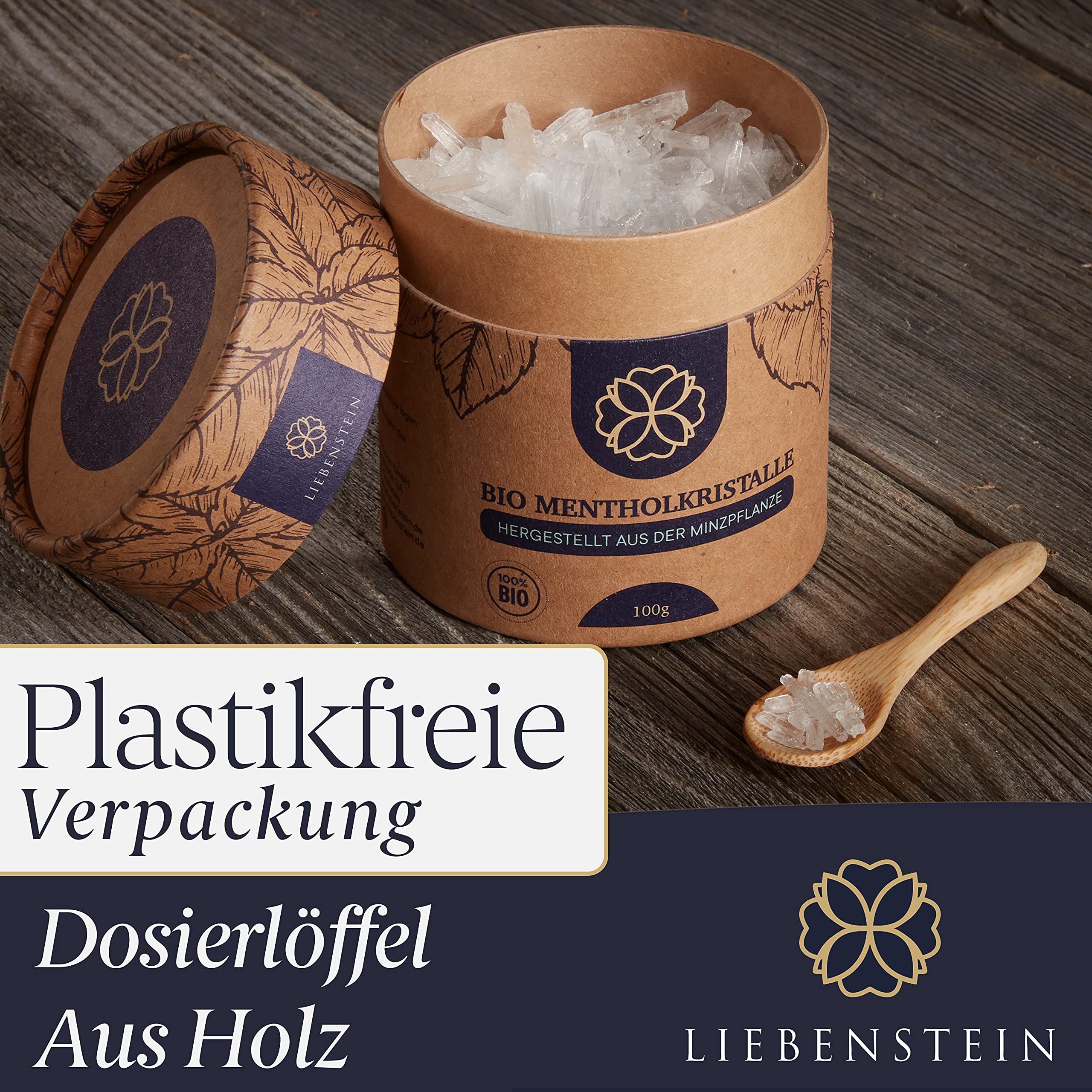 BIO Mentholkristalle Sauna Liebenstein® [100g] – nachhaltige Verpackung und Dosierlöffel aus Holz – Premium Bio Qualität aus 100% reiner Minze – langanhaltendes, erfrischendes und wohltuendes Aroma