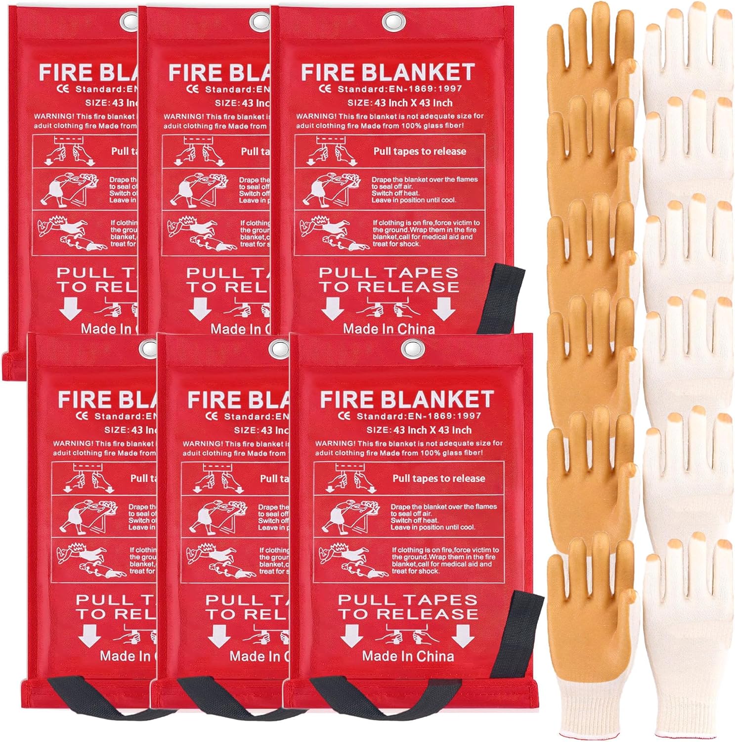 43 in Emergency Fire Blanket – 6 Pack Fire Suppression Blanket for Kitchen Home Fireplace Grill Office and 6 Pair Gloves